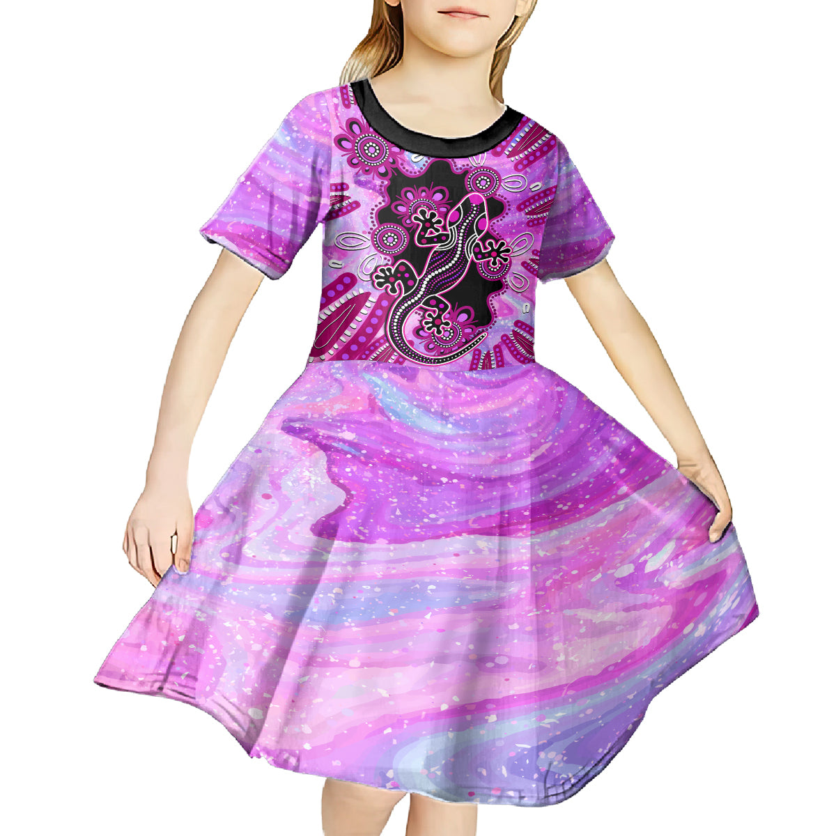 Australia Kid Short Sleeve Dress Aussie Opal Pattern With Lizard Aboriginal Art - Pink - Vibe Hoodie Shop