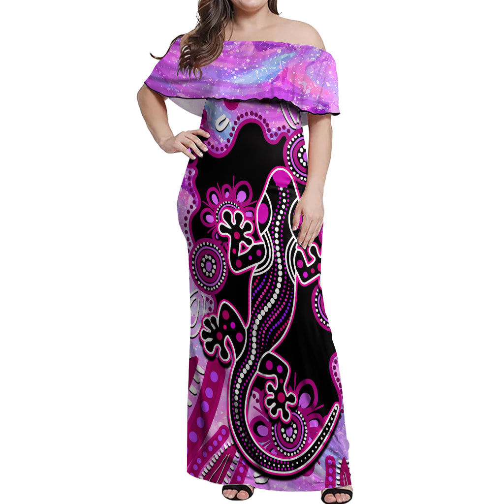 australia-off-shoulder-maxi-dress-aussie-opal-pattern-with-lizard-aboriginal-art-pink