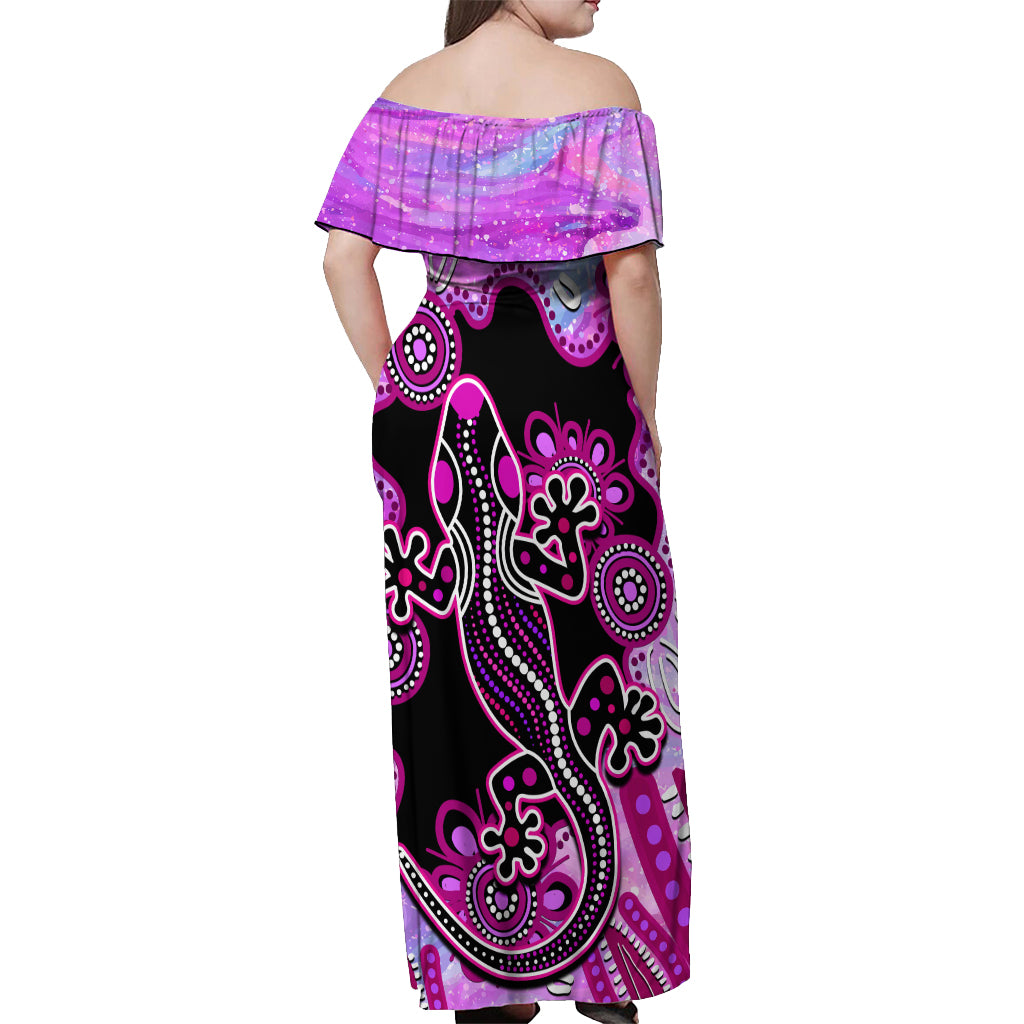 australia-off-shoulder-maxi-dress-aussie-opal-pattern-with-lizard-aboriginal-art-pink