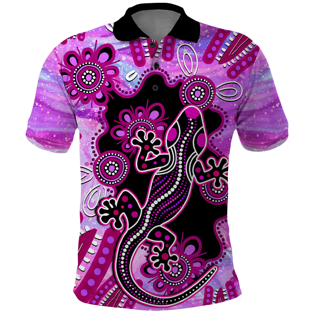 Australia Polo Shirt Aussie Opal Pattern With Lizard Aboriginal Art - Pink - Vibe Hoodie Shop