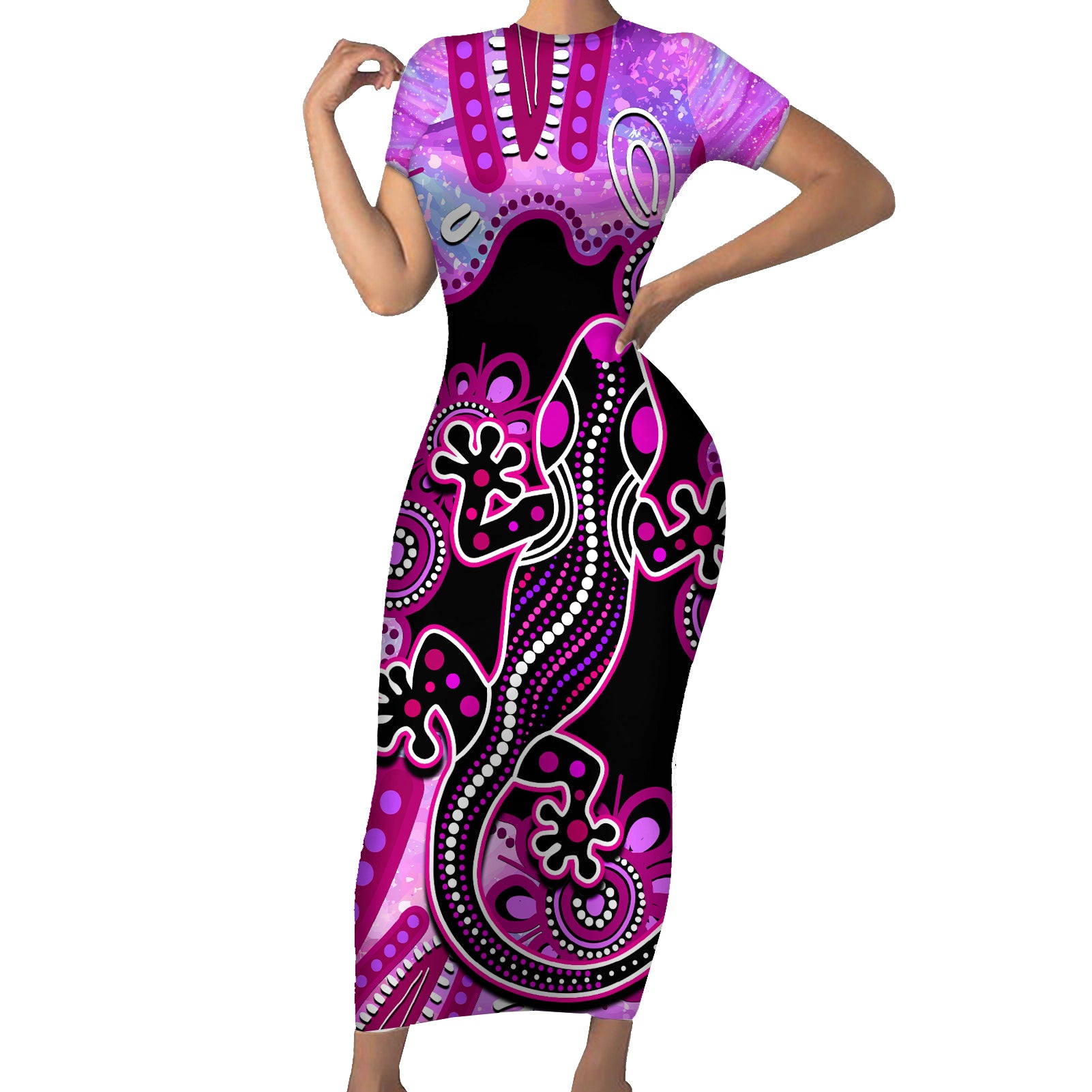 australia-short-sleeve-bodycon-dress-aussie-opal-pattern-with-lizard-aboriginal-art-pink