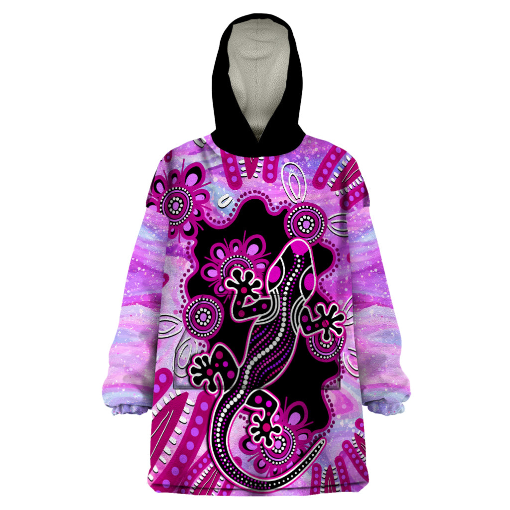 Australia Wearable Blanket Hoodie Aussie Opal Pattern With Lizard Aboriginal Art - Pink - Vibe Hoodie Shop