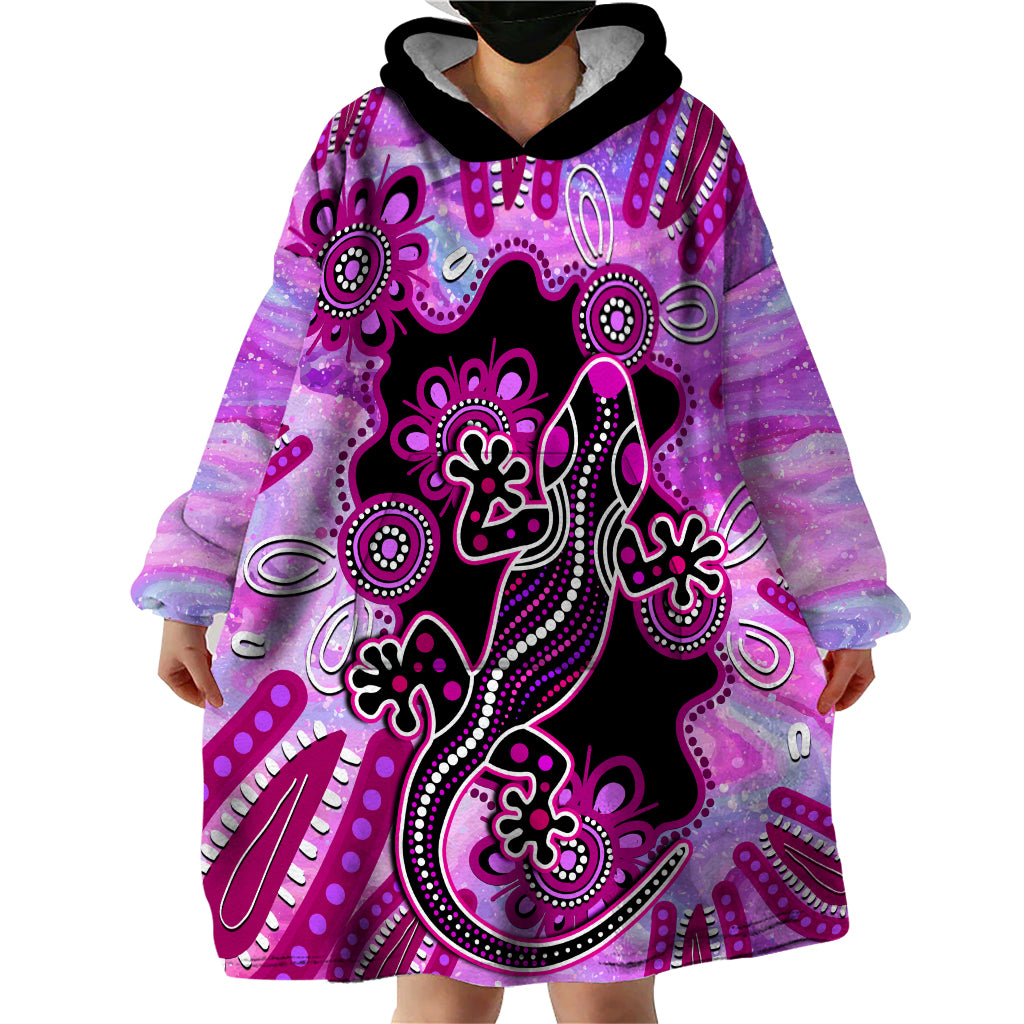 Australia Wearable Blanket Hoodie Aussie Opal Pattern With Lizard Aboriginal Art - Pink - Vibe Hoodie Shop