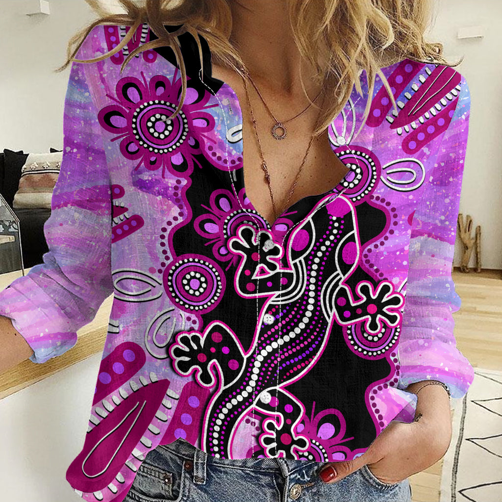 Australia Women Casual Shirt Aussie Opal Pattern With Lizard Aboriginal Art - Pink - Vibe Hoodie Shop