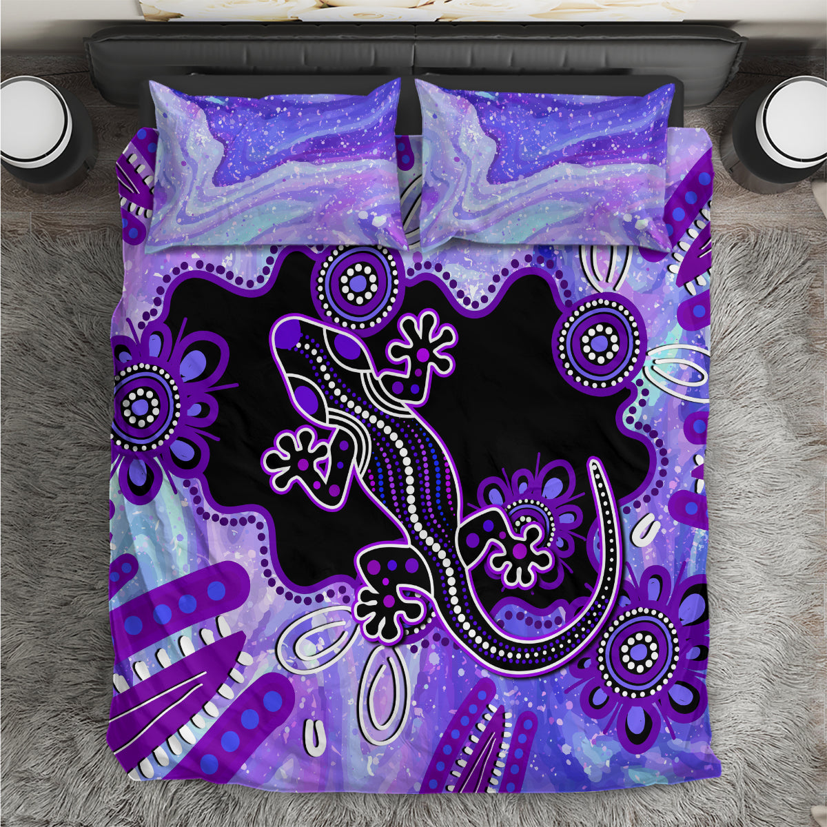 Australia Opal Bedding Set Aussie Lizard With Aboriginal Art - Purple - Vibe Hoodie Shop