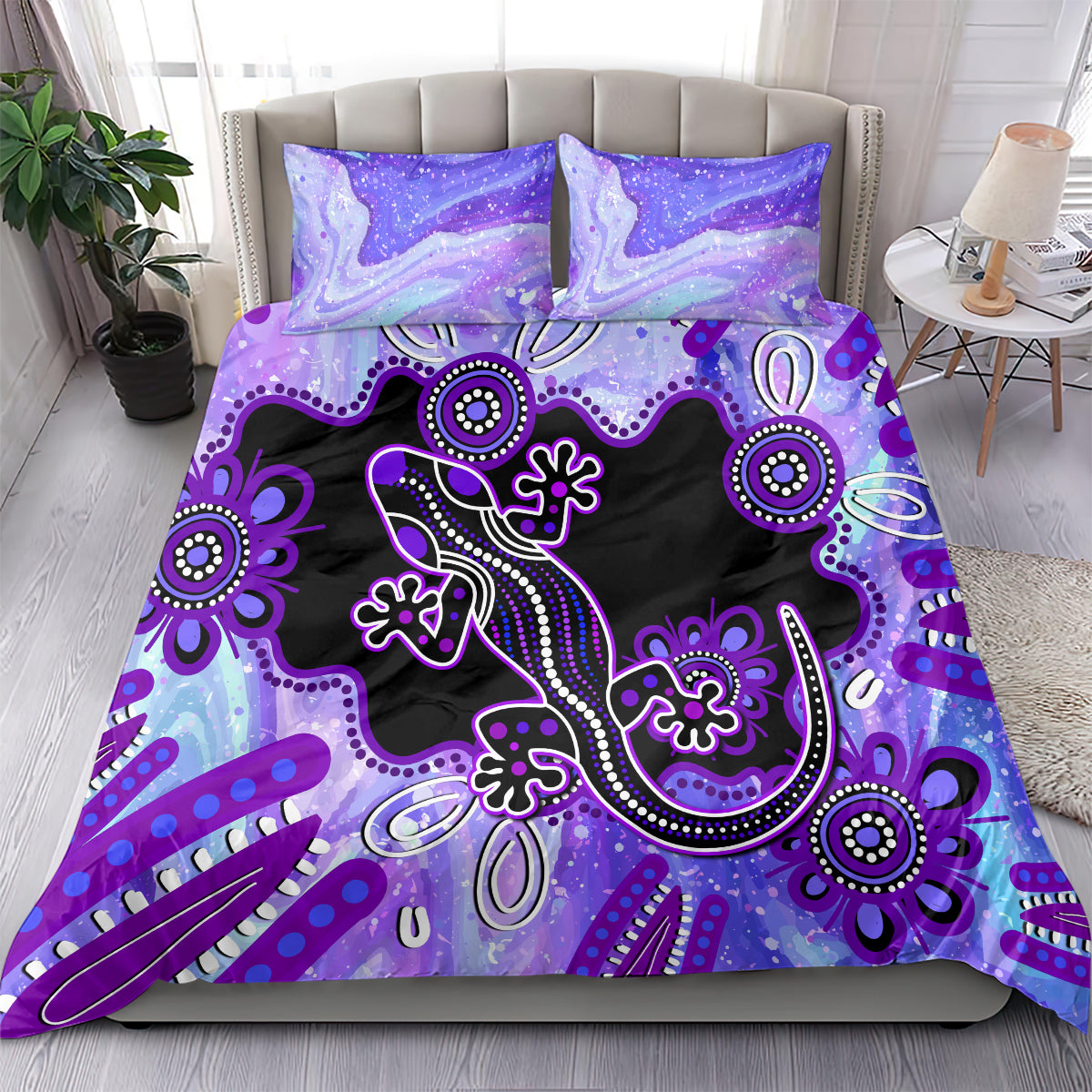 Australia Opal Bedding Set Aussie Lizard With Aboriginal Art - Purple - Vibe Hoodie Shop