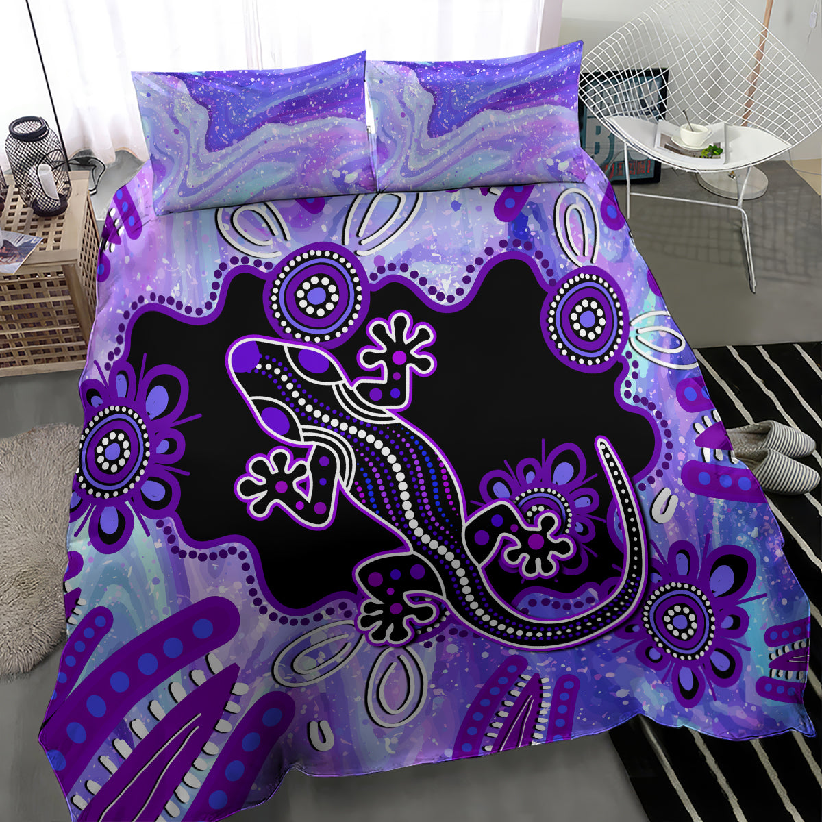 Australia Opal Bedding Set Aussie Lizard With Aboriginal Art - Purple - Vibe Hoodie Shop