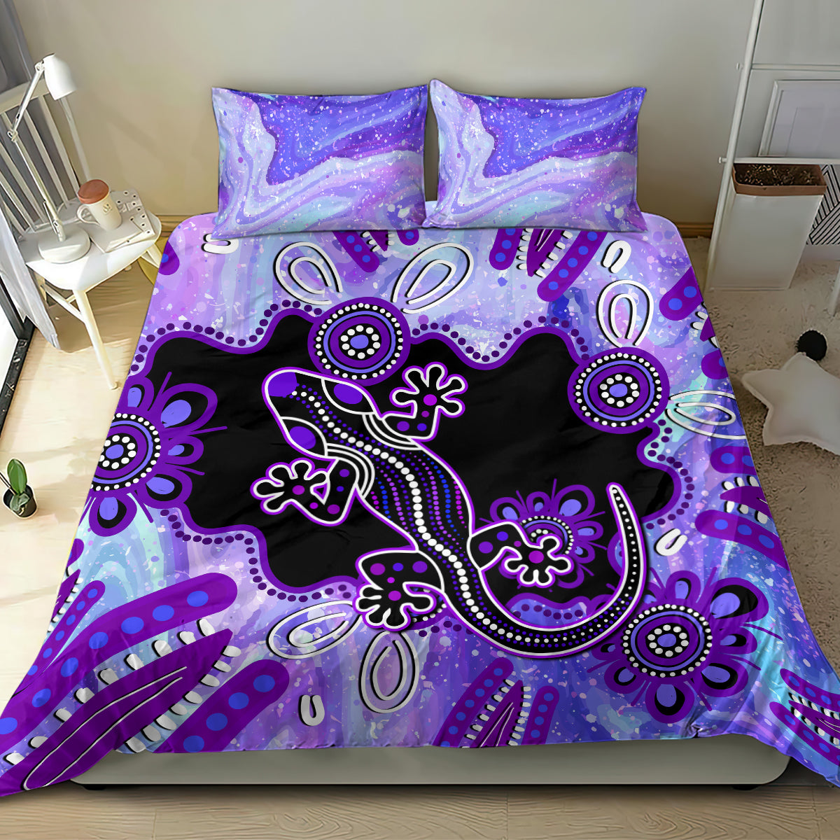 Australia Opal Bedding Set Aussie Lizard With Aboriginal Art - Purple - Vibe Hoodie Shop