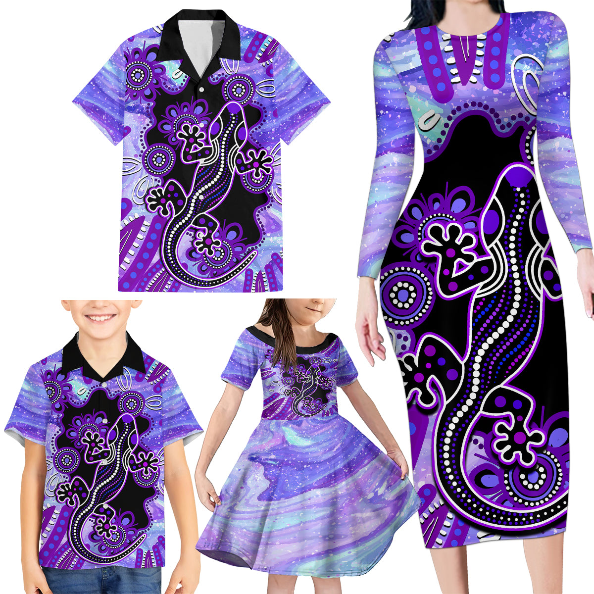 australia-opal-family-matching-long-sleeve-bodycon-dress-and-hawaiian-shirt-aussie-lizard-with-aboriginal-art-purple