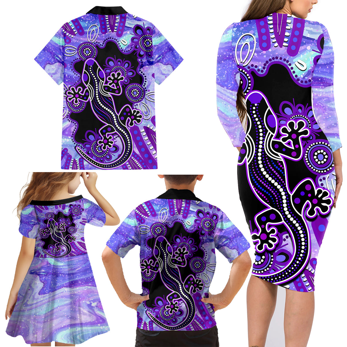 australia-opal-family-matching-long-sleeve-bodycon-dress-and-hawaiian-shirt-aussie-lizard-with-aboriginal-art-purple