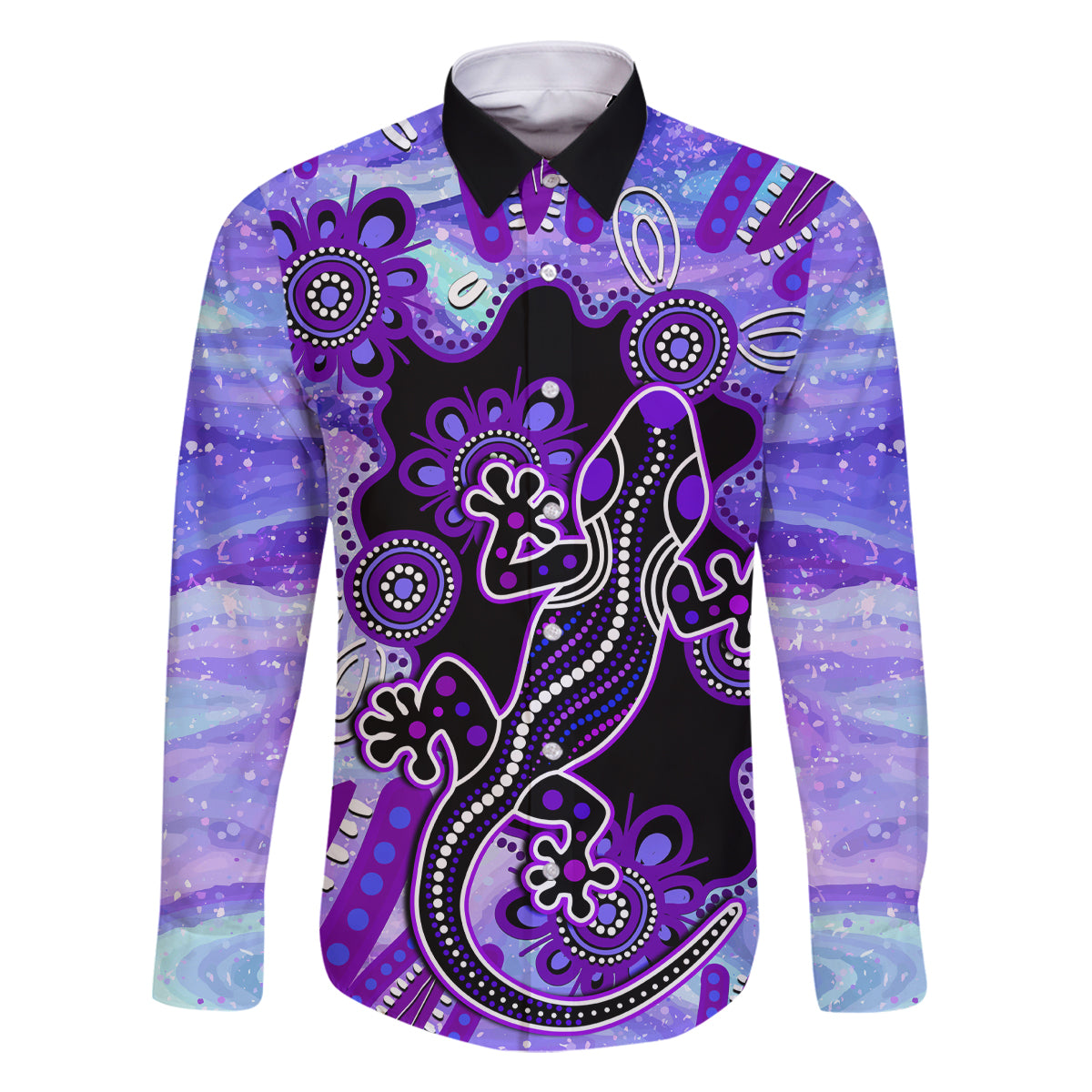 australia-opal-family-matching-long-sleeve-bodycon-dress-and-hawaiian-shirt-aussie-lizard-with-aboriginal-art-purple