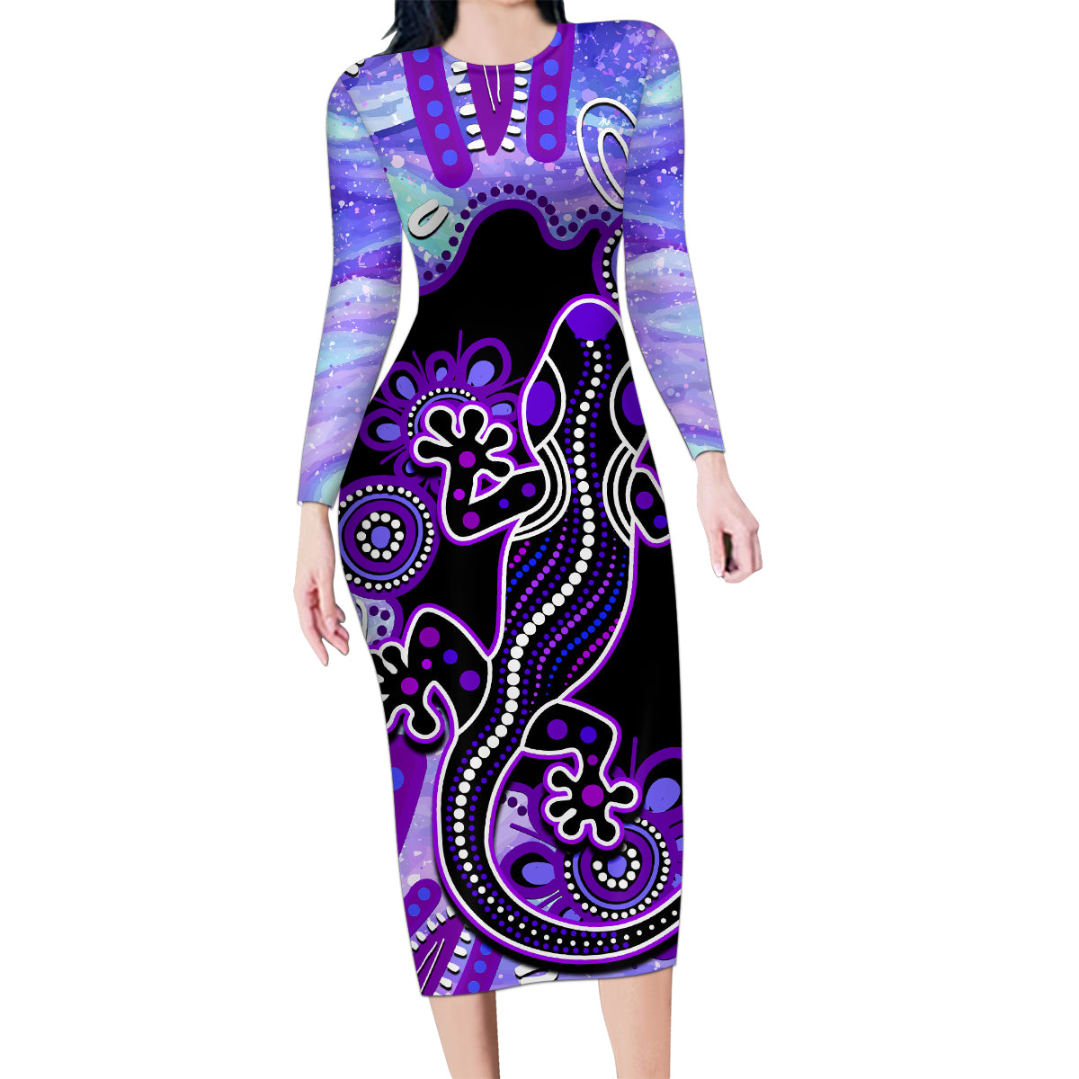 australia-opal-family-matching-long-sleeve-bodycon-dress-and-hawaiian-shirt-aussie-lizard-with-aboriginal-art-purple