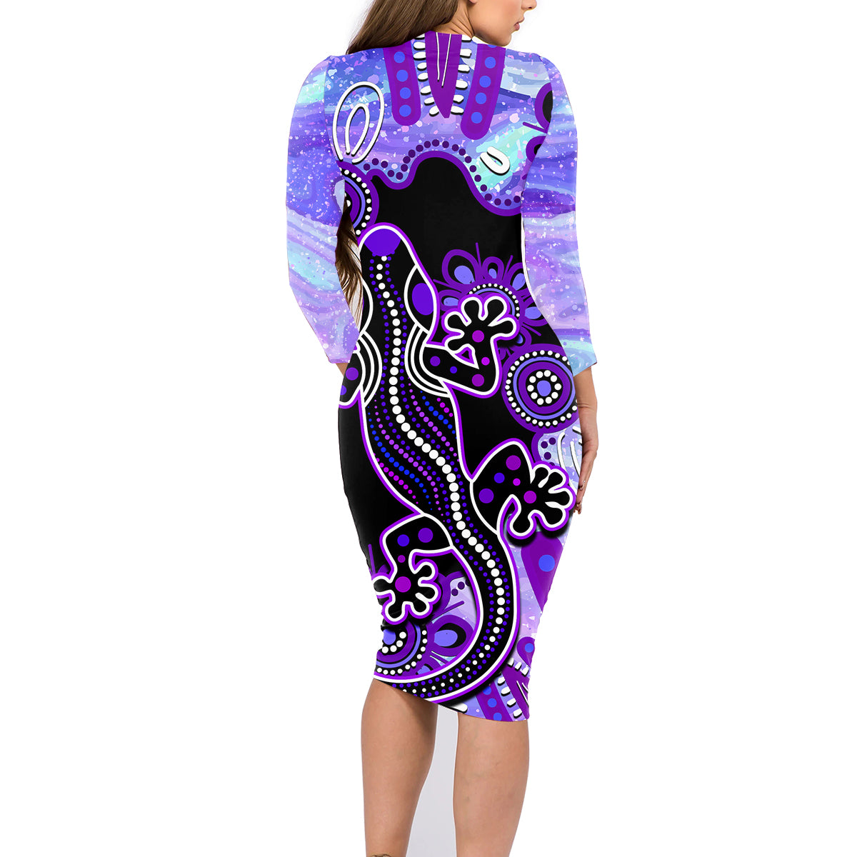 australia-opal-family-matching-long-sleeve-bodycon-dress-and-hawaiian-shirt-aussie-lizard-with-aboriginal-art-purple