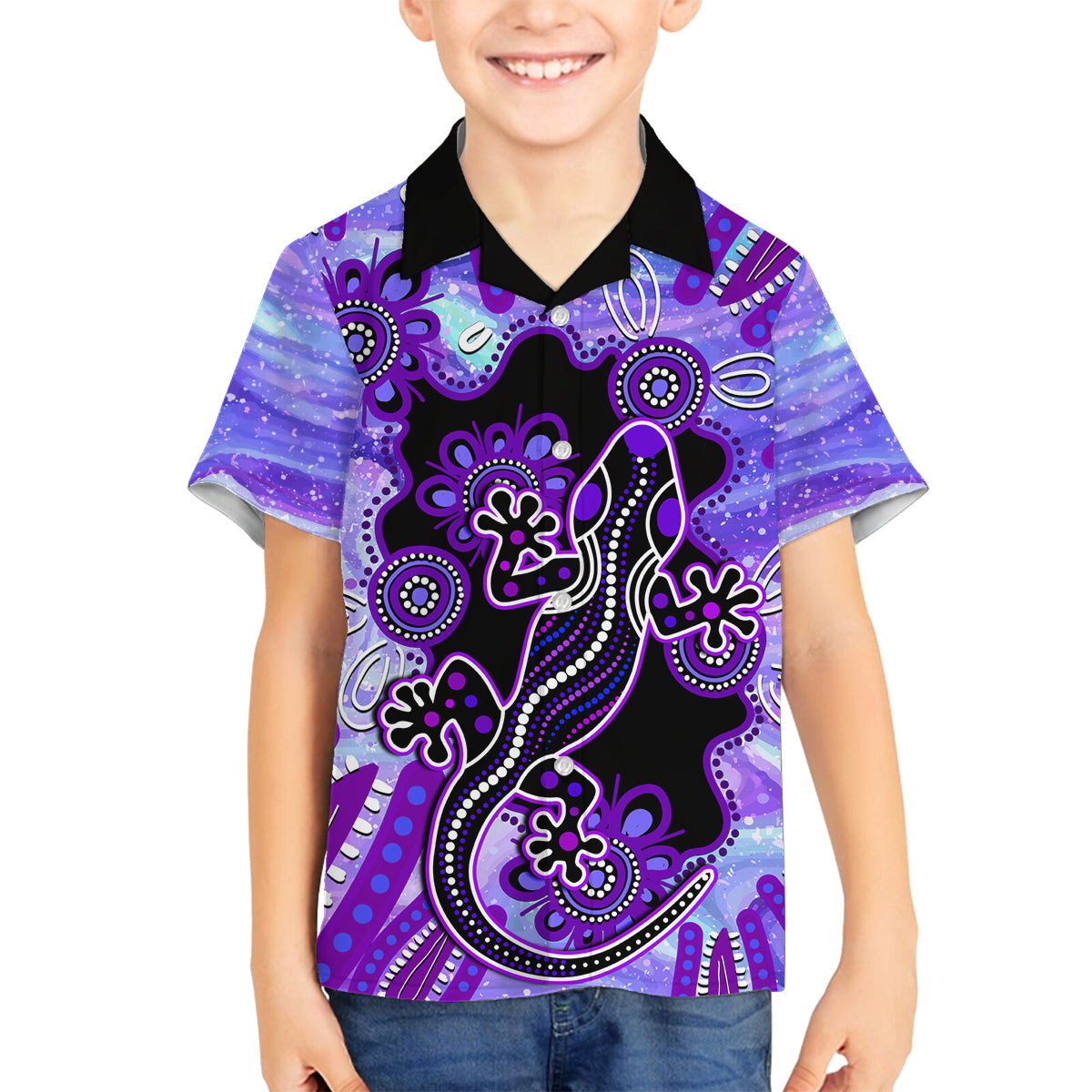 australia-opal-family-matching-long-sleeve-bodycon-dress-and-hawaiian-shirt-aussie-lizard-with-aboriginal-art-purple