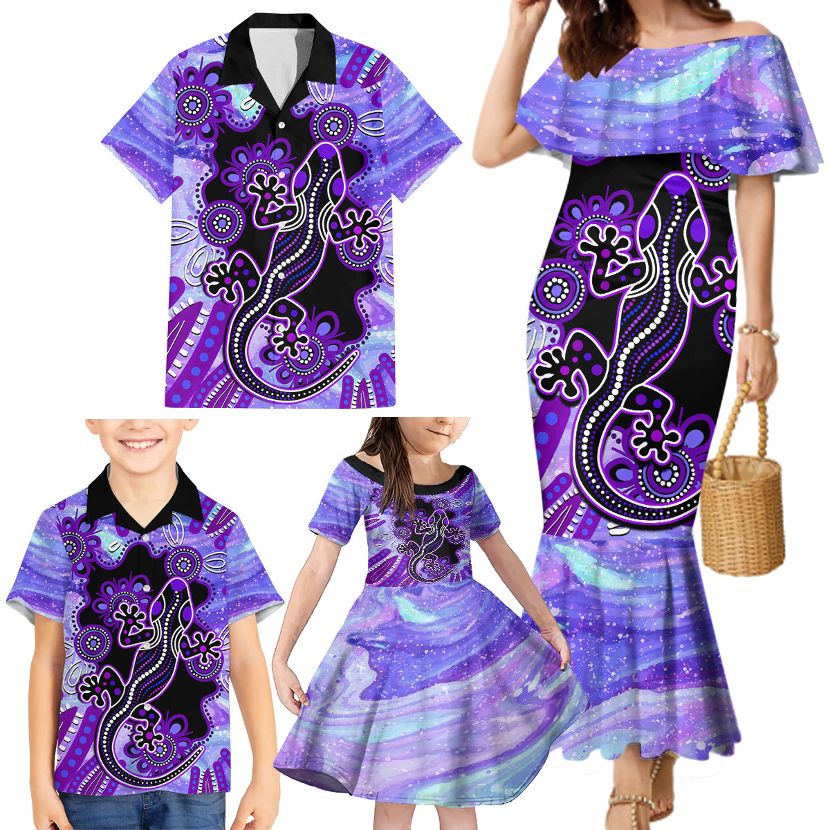 australia-opal-family-matching-mermaid-dress-and-hawaiian-shirt-aussie-lizard-with-aboriginal-art-purple