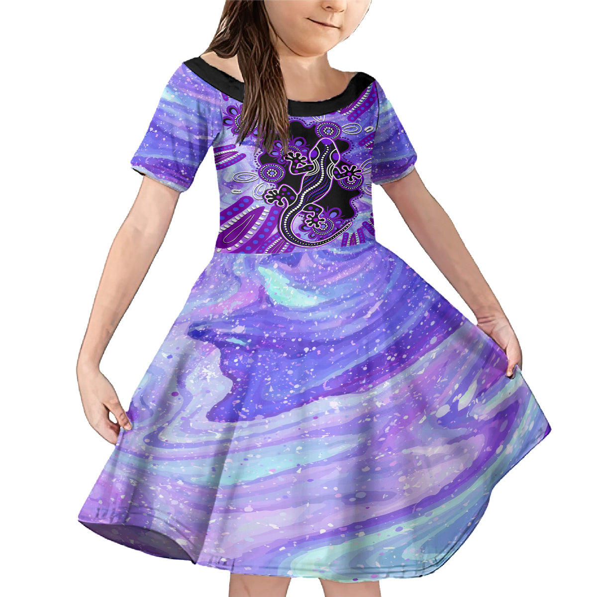 australia-opal-family-matching-mermaid-dress-and-hawaiian-shirt-aussie-lizard-with-aboriginal-art-purple