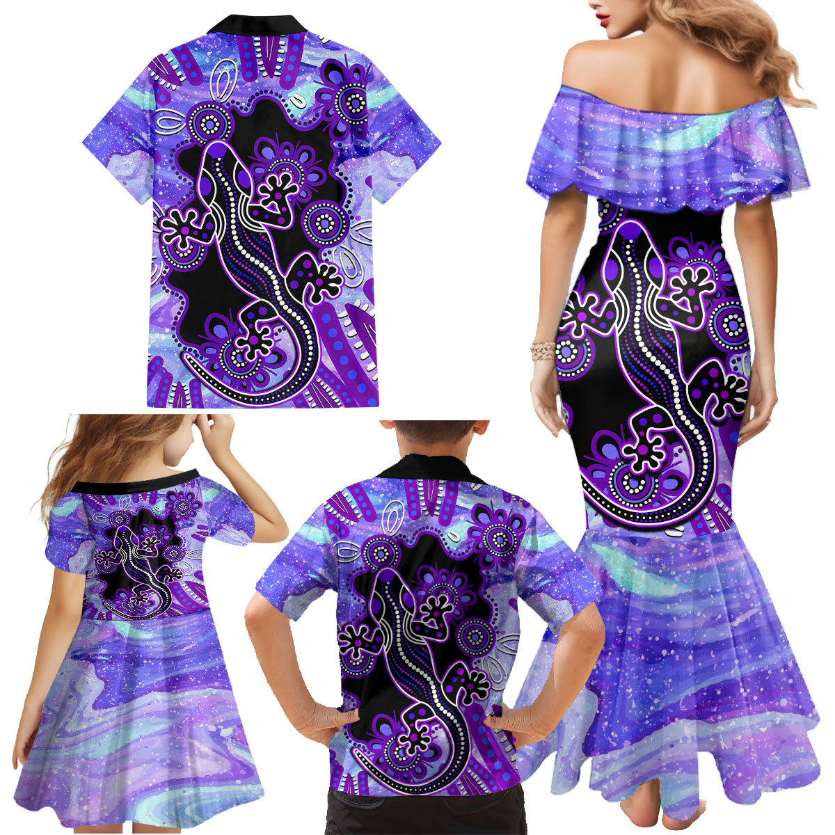 australia-opal-family-matching-mermaid-dress-and-hawaiian-shirt-aussie-lizard-with-aboriginal-art-purple