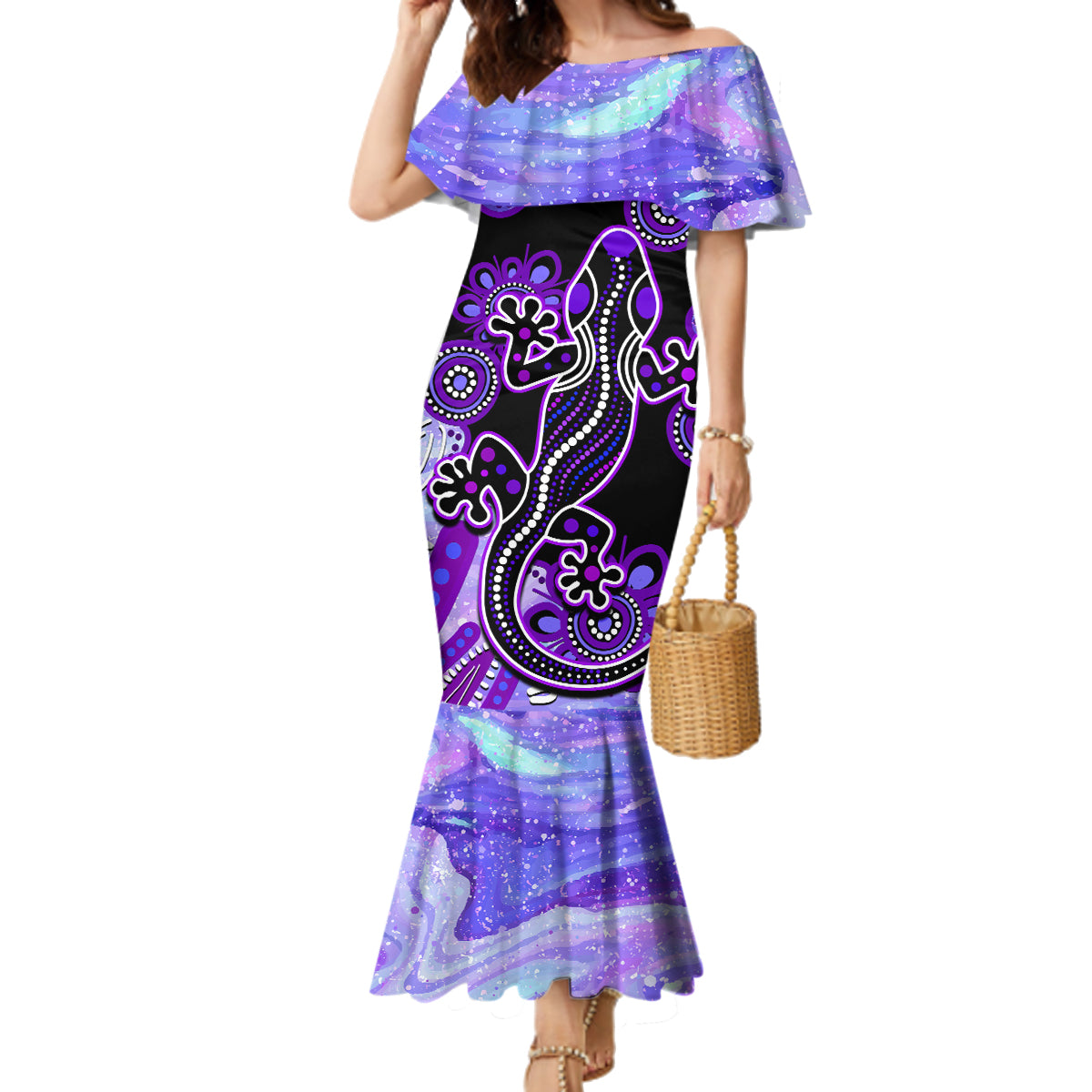 australia-opal-family-matching-mermaid-dress-and-hawaiian-shirt-aussie-lizard-with-aboriginal-art-purple