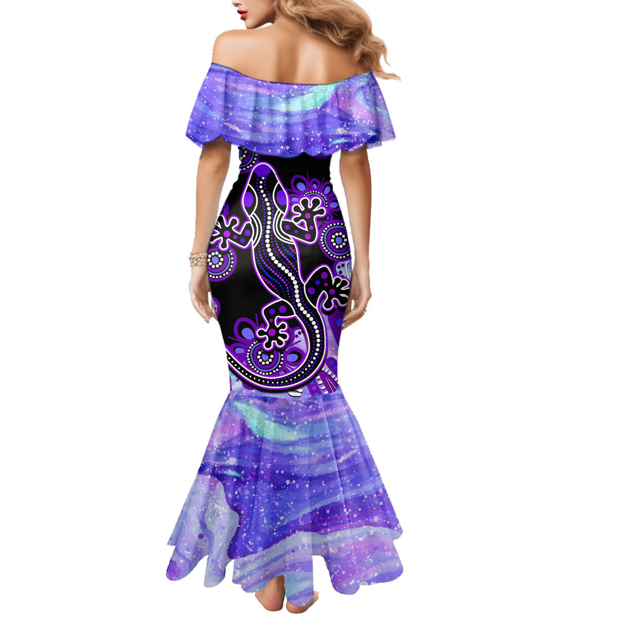 australia-opal-family-matching-mermaid-dress-and-hawaiian-shirt-aussie-lizard-with-aboriginal-art-purple