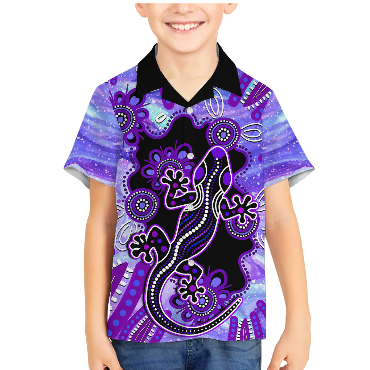 australia-opal-family-matching-mermaid-dress-and-hawaiian-shirt-aussie-lizard-with-aboriginal-art-purple