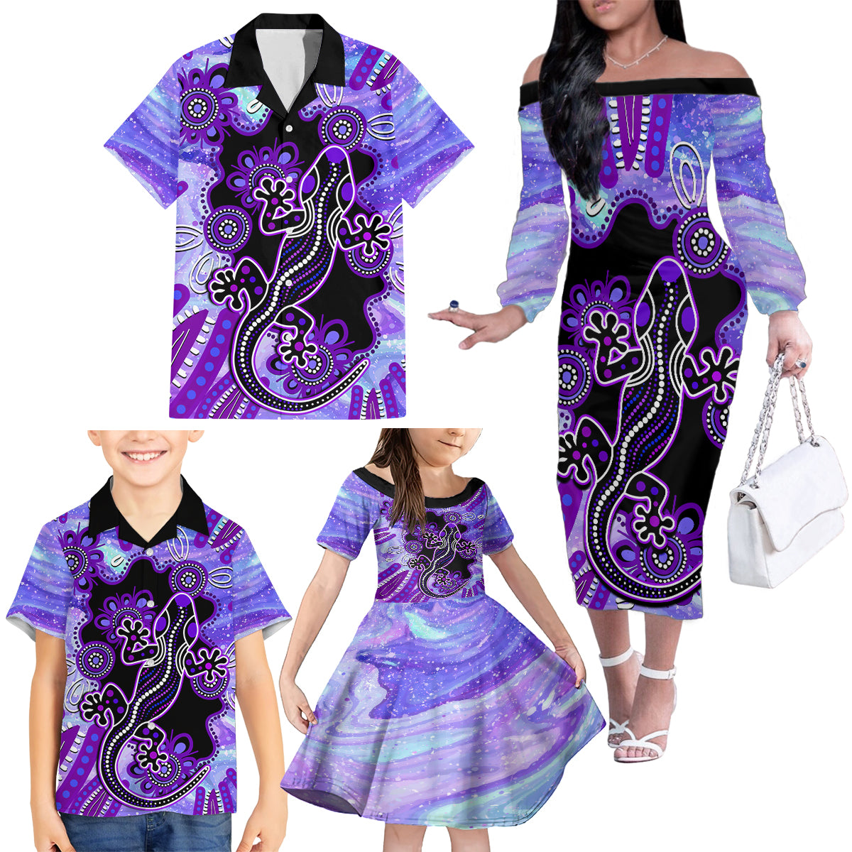 australia-opal-family-matching-off-shoulder-long-sleeve-dress-and-hawaiian-shirt-aussie-lizard-with-aboriginal-art-purple