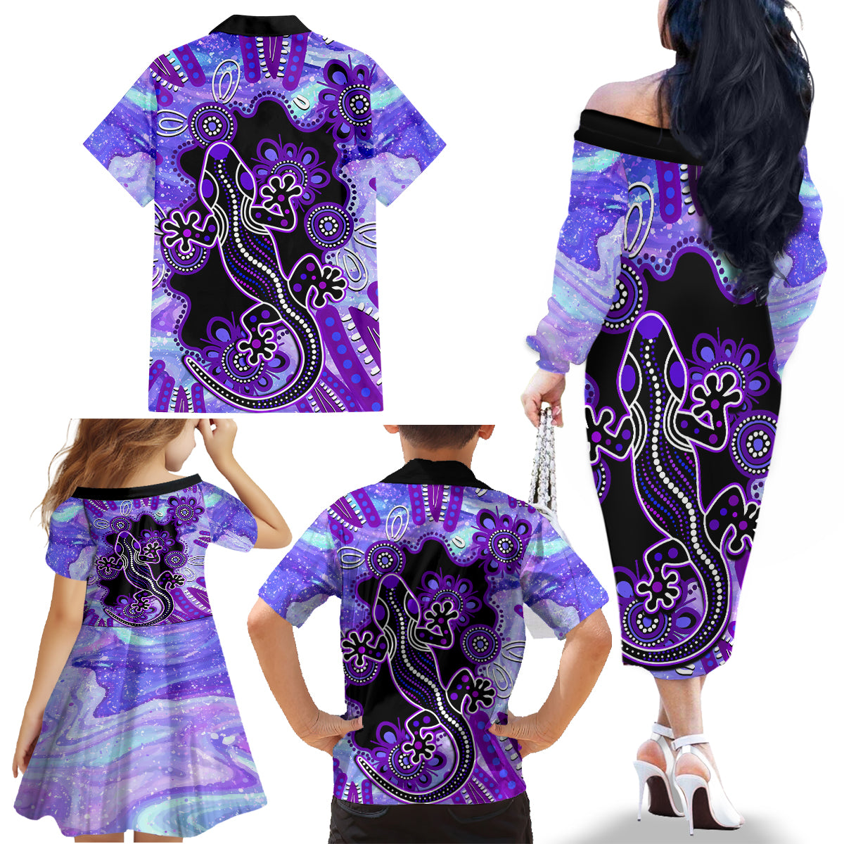 australia-opal-family-matching-off-shoulder-long-sleeve-dress-and-hawaiian-shirt-aussie-lizard-with-aboriginal-art-purple