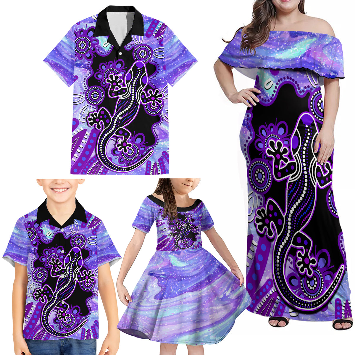 australia-opal-family-matching-off-shoulder-maxi-dress-and-hawaiian-shirt-aussie-lizard-with-aboriginal-art-purple