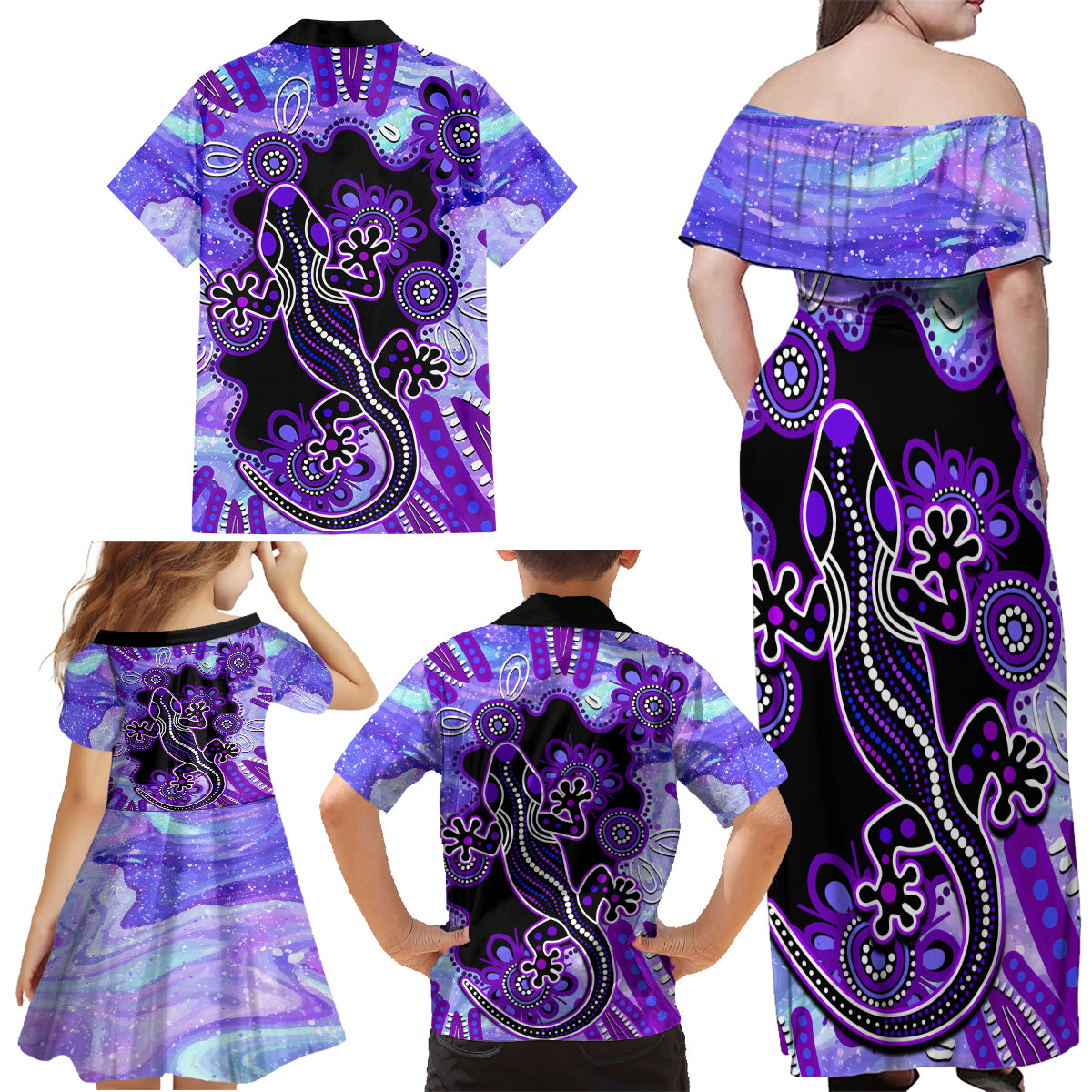 australia-opal-family-matching-off-shoulder-maxi-dress-and-hawaiian-shirt-aussie-lizard-with-aboriginal-art-purple