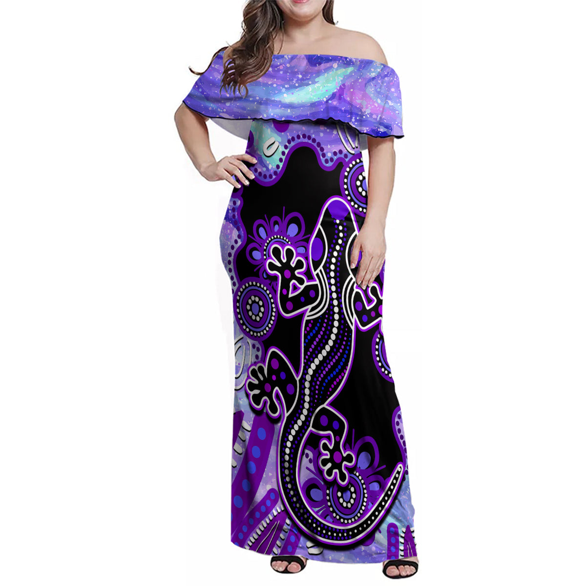 australia-opal-family-matching-off-shoulder-maxi-dress-and-hawaiian-shirt-aussie-lizard-with-aboriginal-art-purple