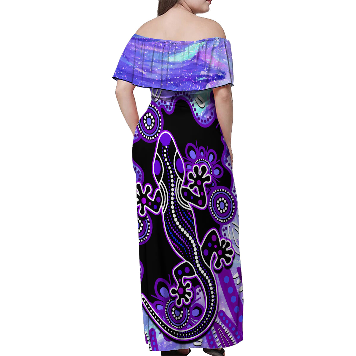 australia-opal-family-matching-off-shoulder-maxi-dress-and-hawaiian-shirt-aussie-lizard-with-aboriginal-art-purple