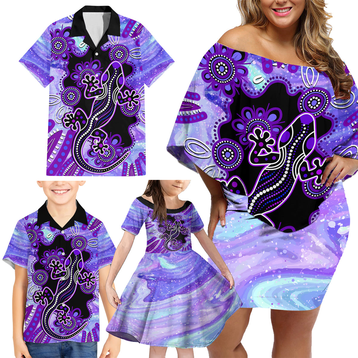 australia-opal-family-matching-off-shoulder-short-dress-and-hawaiian-shirt-aussie-lizard-with-aboriginal-art-purple