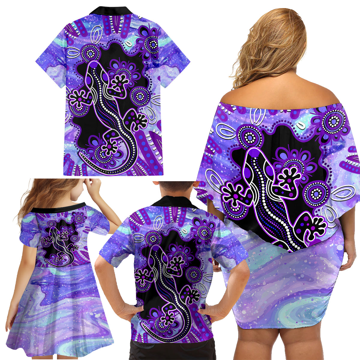 australia-opal-family-matching-off-shoulder-short-dress-and-hawaiian-shirt-aussie-lizard-with-aboriginal-art-purple