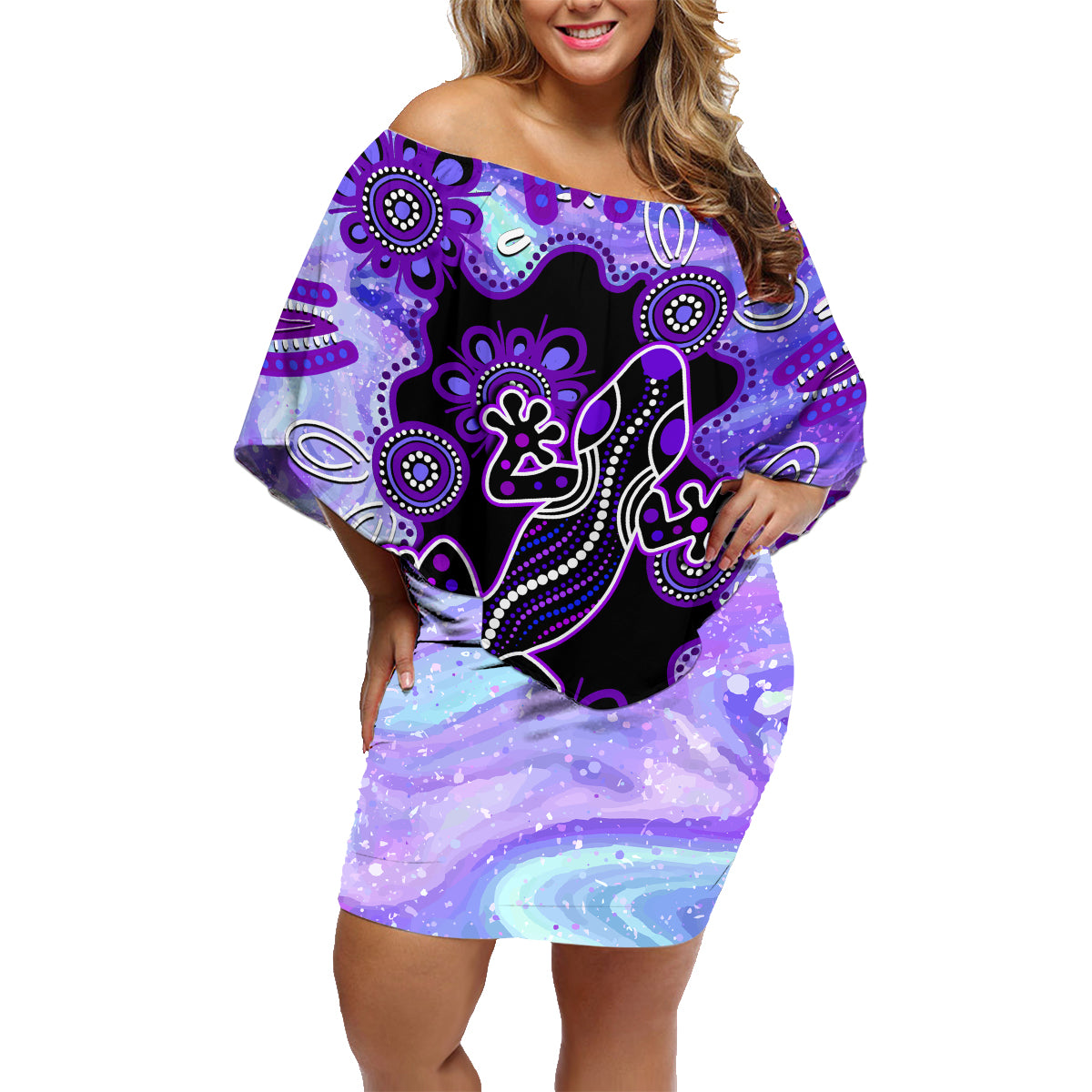 australia-opal-family-matching-off-shoulder-short-dress-and-hawaiian-shirt-aussie-lizard-with-aboriginal-art-purple