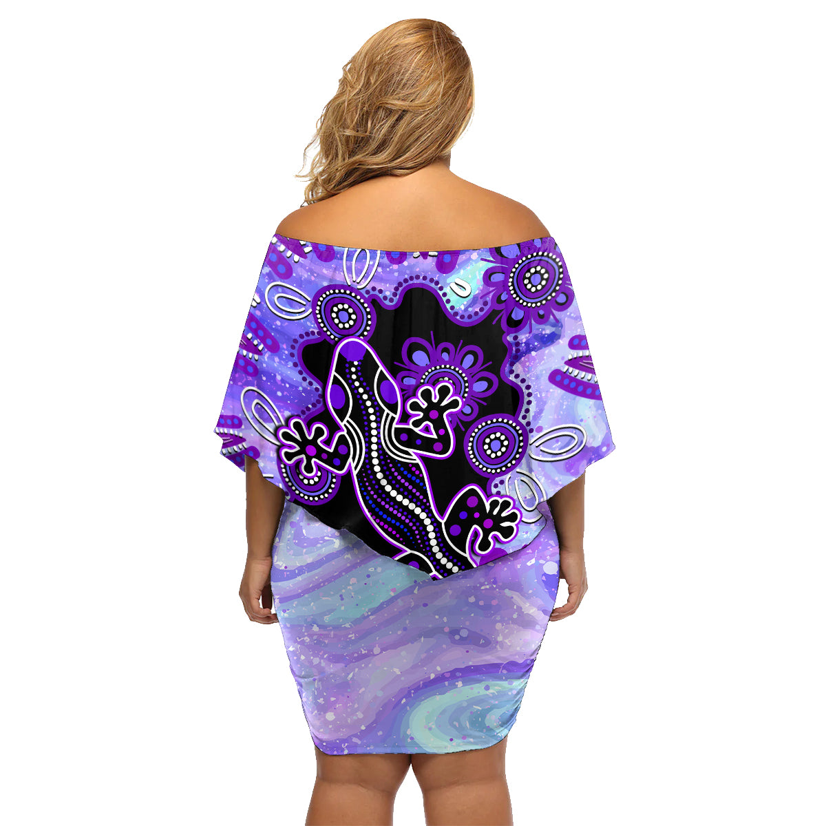 australia-opal-family-matching-off-shoulder-short-dress-and-hawaiian-shirt-aussie-lizard-with-aboriginal-art-purple