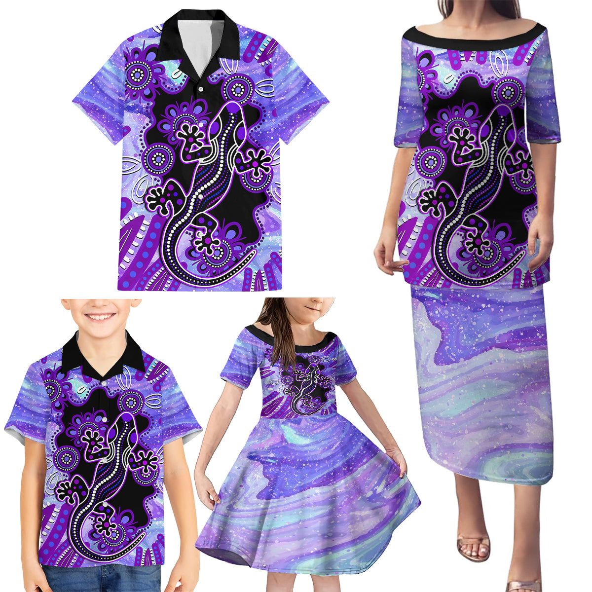 australia-opal-family-matching-puletasi-dress-and-hawaiian-shirt-aussie-lizard-with-aboriginal-art-purple