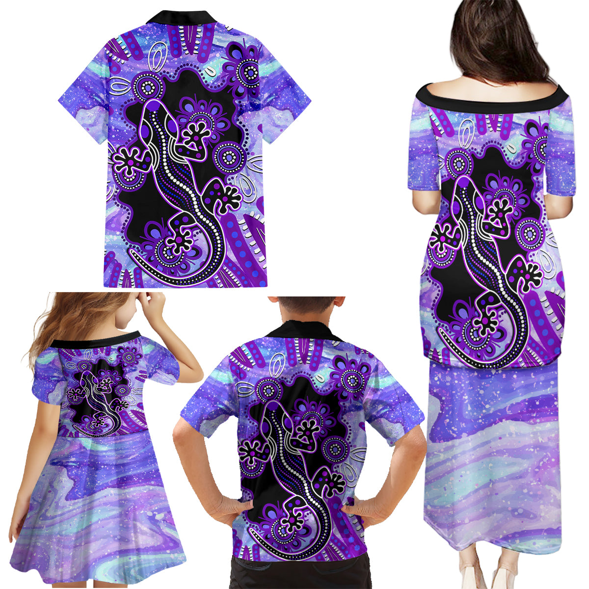 australia-opal-family-matching-puletasi-dress-and-hawaiian-shirt-aussie-lizard-with-aboriginal-art-purple