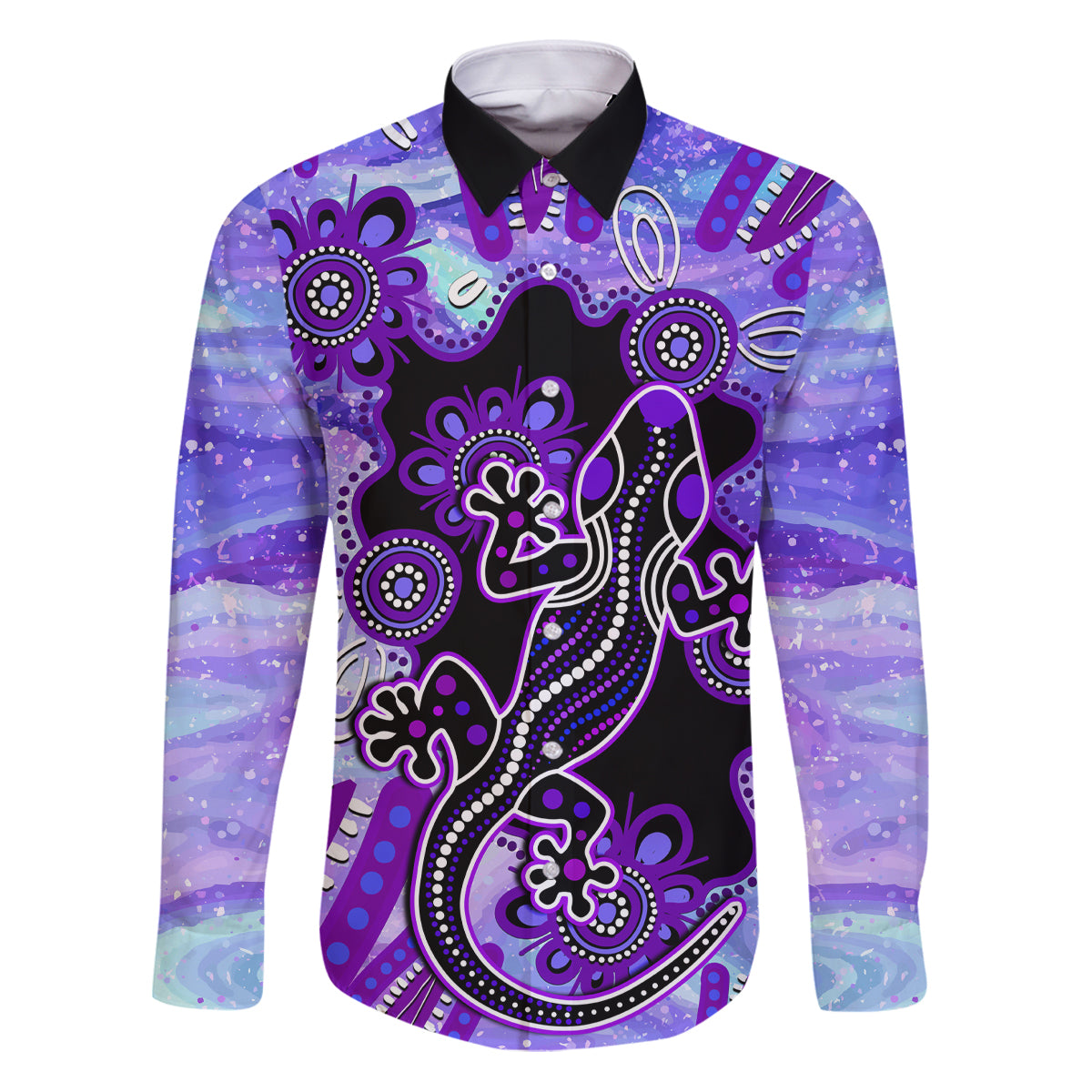 australia-opal-family-matching-puletasi-dress-and-hawaiian-shirt-aussie-lizard-with-aboriginal-art-purple