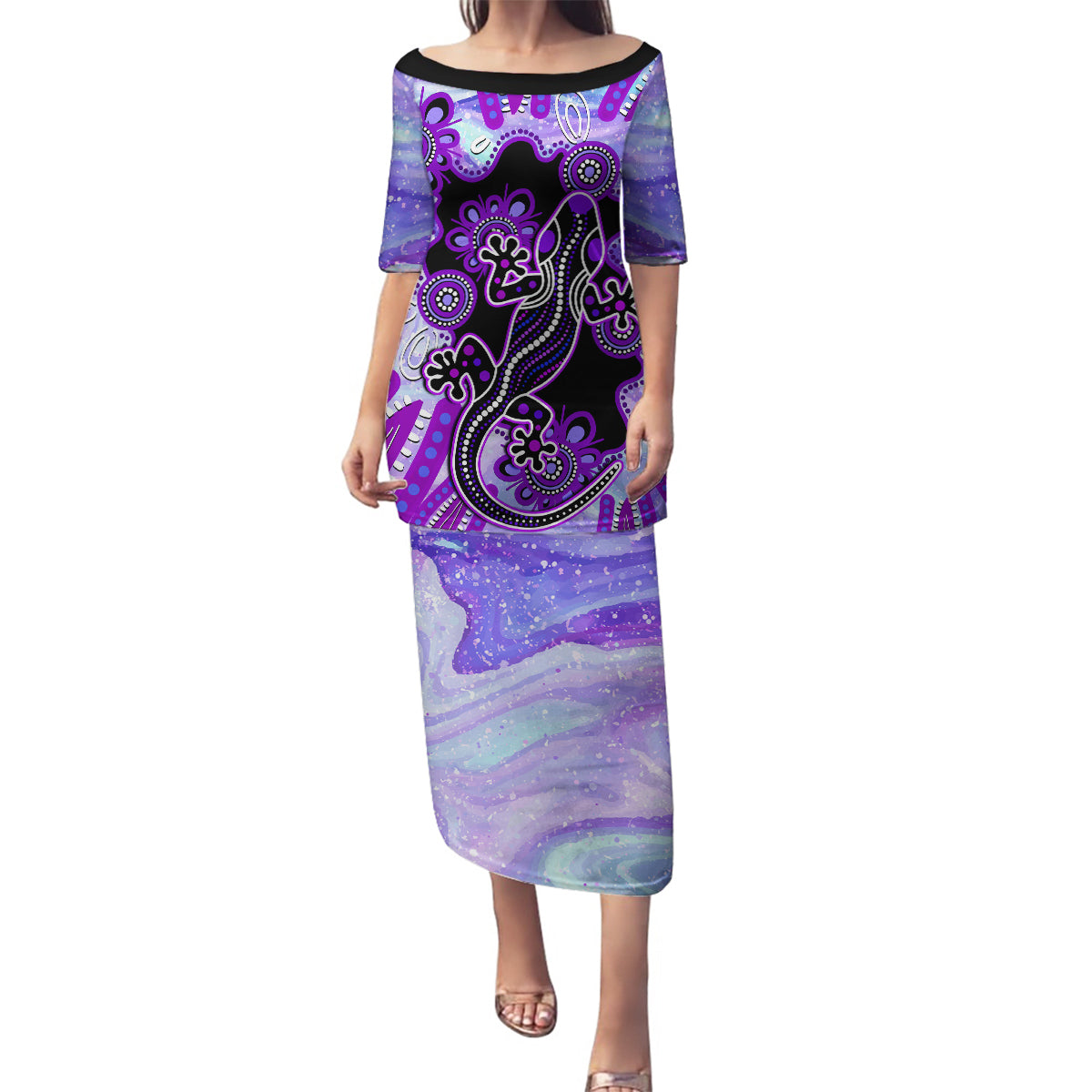 australia-opal-family-matching-puletasi-dress-and-hawaiian-shirt-aussie-lizard-with-aboriginal-art-purple