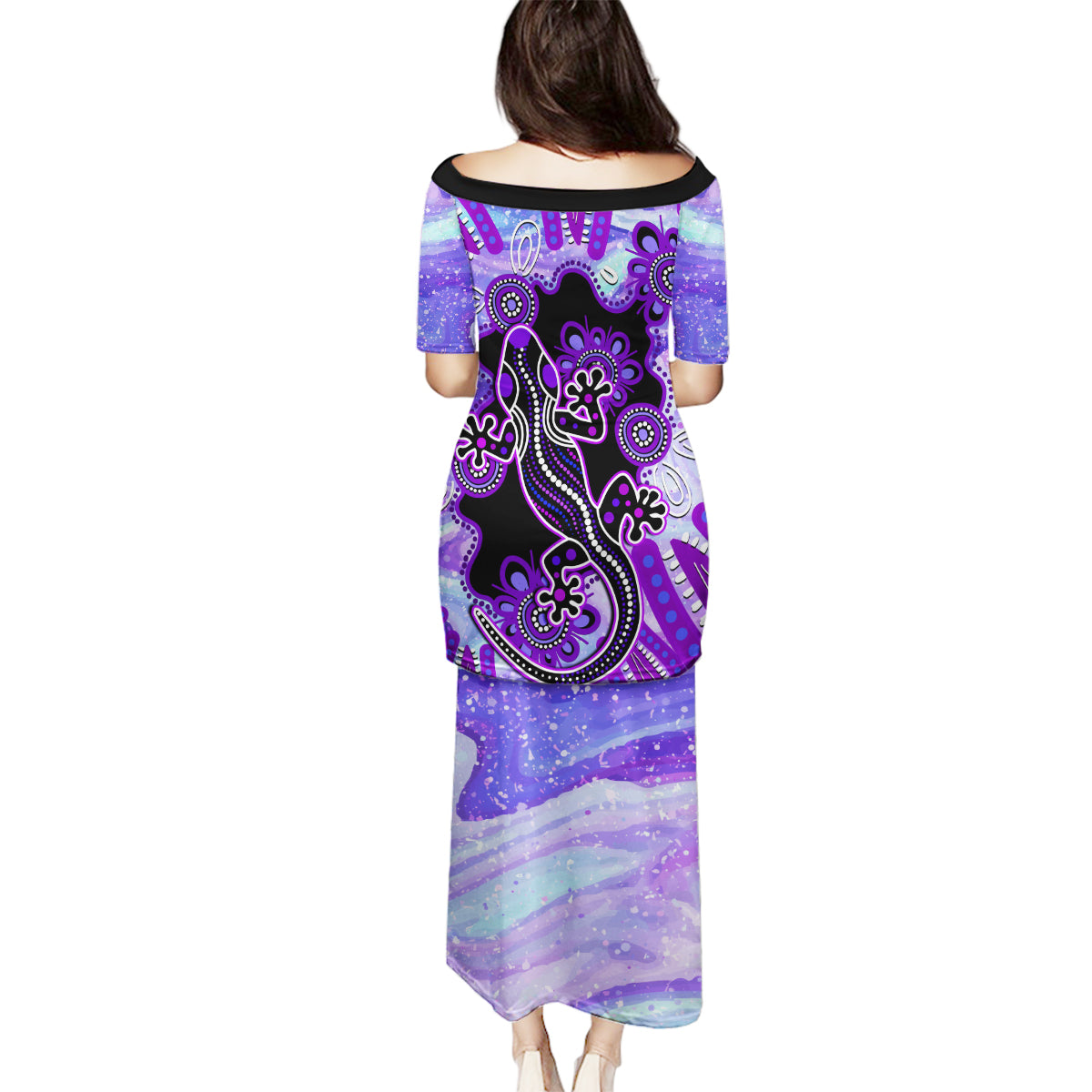 australia-opal-family-matching-puletasi-dress-and-hawaiian-shirt-aussie-lizard-with-aboriginal-art-purple