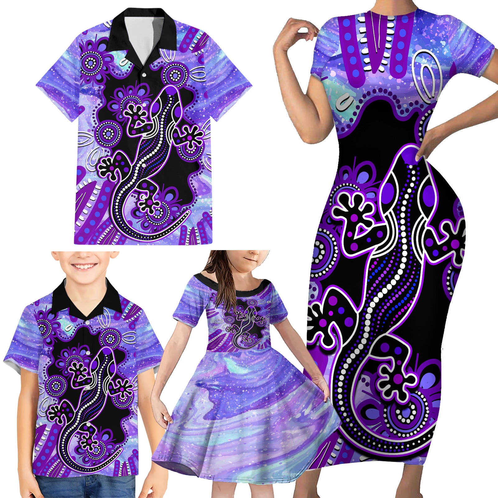 australia-opal-family-matching-short-sleeve-bodycon-dress-and-hawaiian-shirt-aussie-lizard-with-aboriginal-art-purple