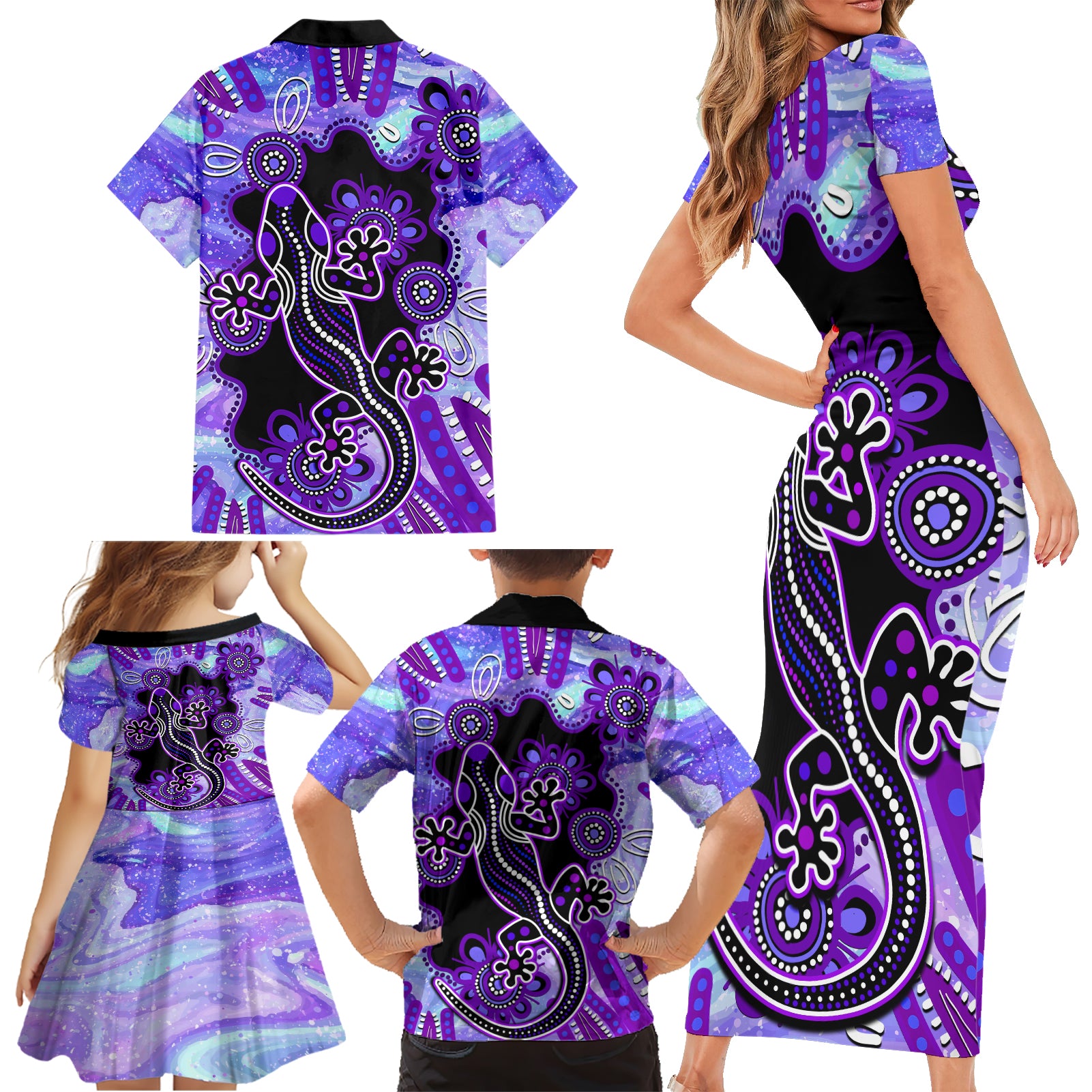 australia-opal-family-matching-short-sleeve-bodycon-dress-and-hawaiian-shirt-aussie-lizard-with-aboriginal-art-purple