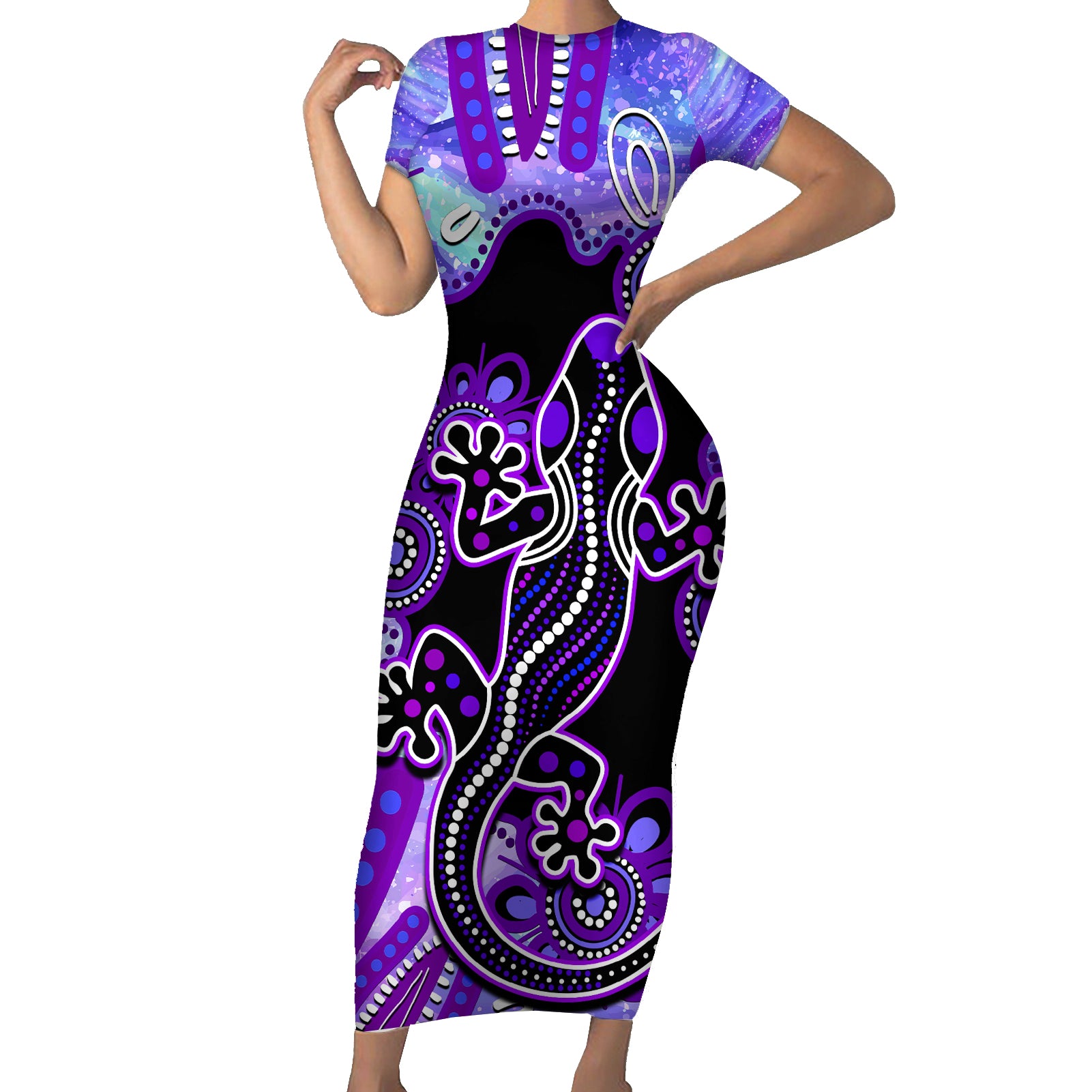 australia-opal-family-matching-short-sleeve-bodycon-dress-and-hawaiian-shirt-aussie-lizard-with-aboriginal-art-purple