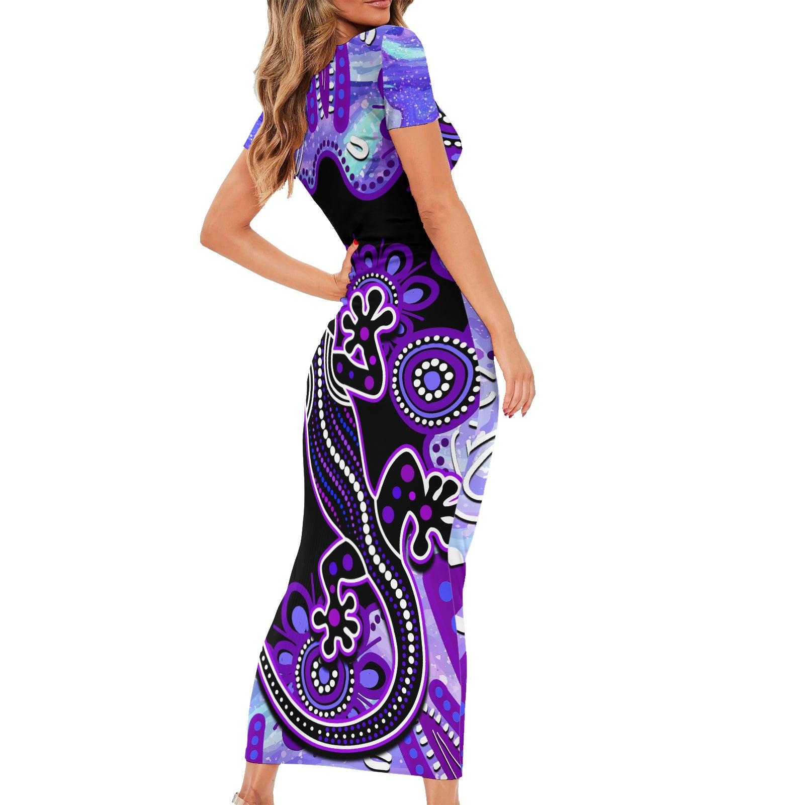 australia-opal-family-matching-short-sleeve-bodycon-dress-and-hawaiian-shirt-aussie-lizard-with-aboriginal-art-purple