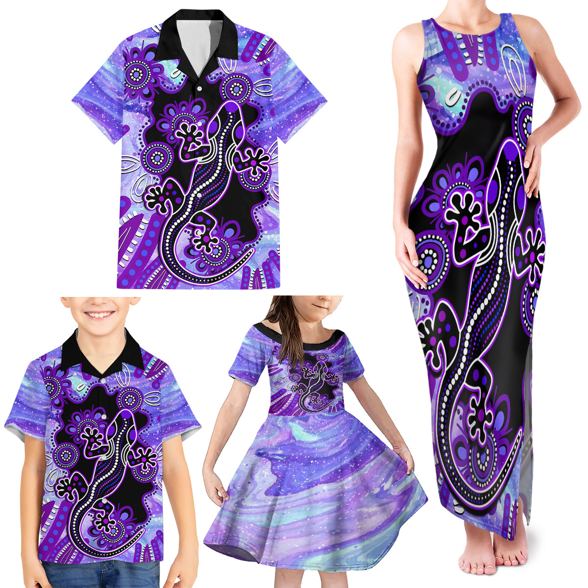 australia-opal-family-matching-tank-maxi-dress-and-hawaiian-shirt-aussie-lizard-with-aboriginal-art-purple