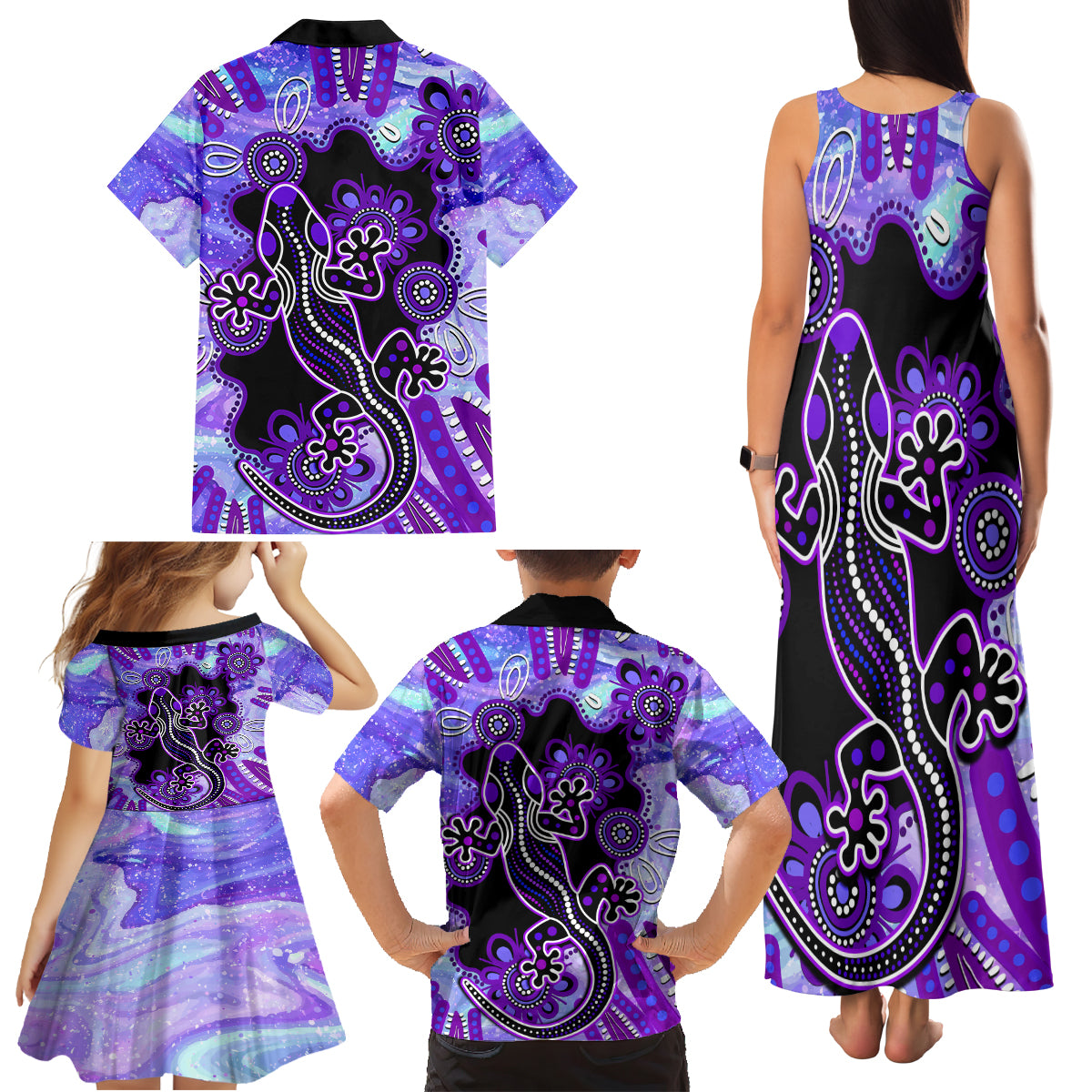 australia-opal-family-matching-tank-maxi-dress-and-hawaiian-shirt-aussie-lizard-with-aboriginal-art-purple