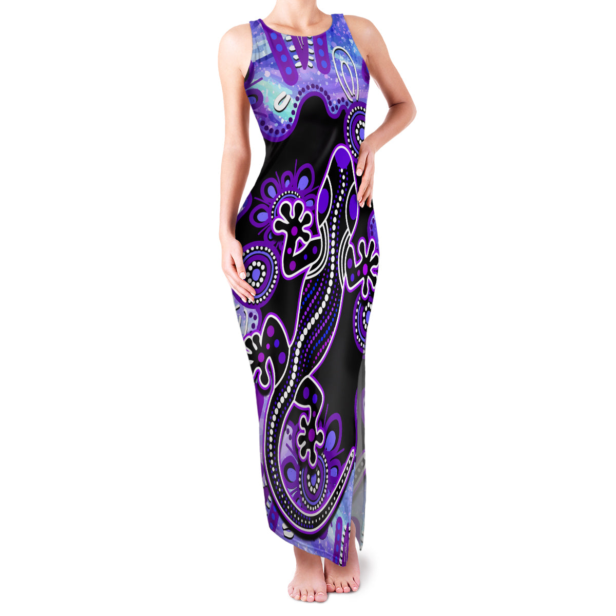 australia-opal-family-matching-tank-maxi-dress-and-hawaiian-shirt-aussie-lizard-with-aboriginal-art-purple