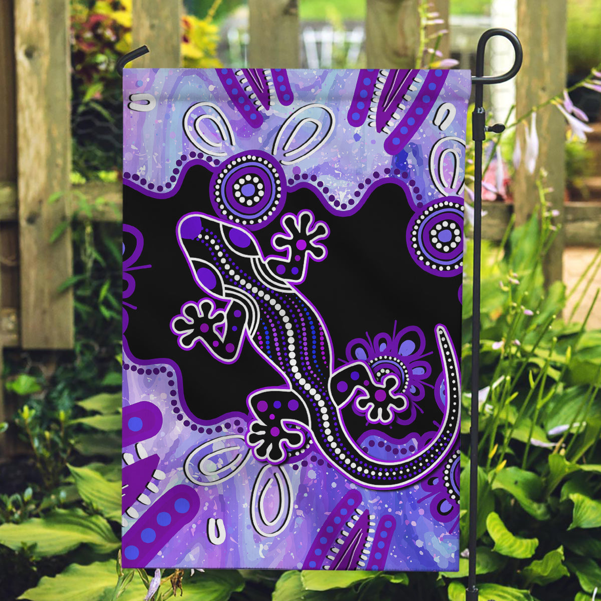 Australia Opal Garden Flag Aussie Lizard With Aboriginal Art - Purple - Vibe Hoodie Shop