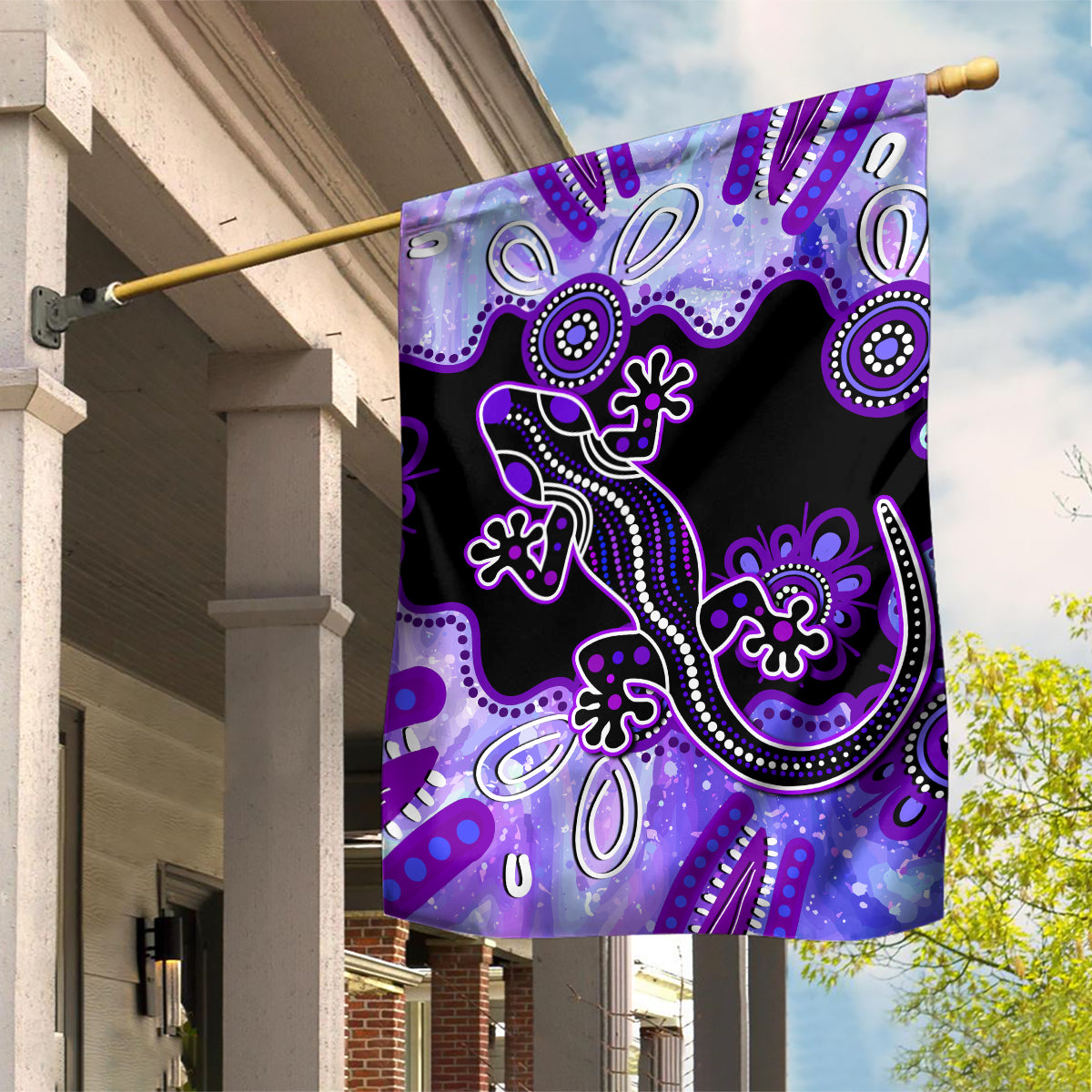 Australia Opal Garden Flag Aussie Lizard With Aboriginal Art - Purple - Vibe Hoodie Shop