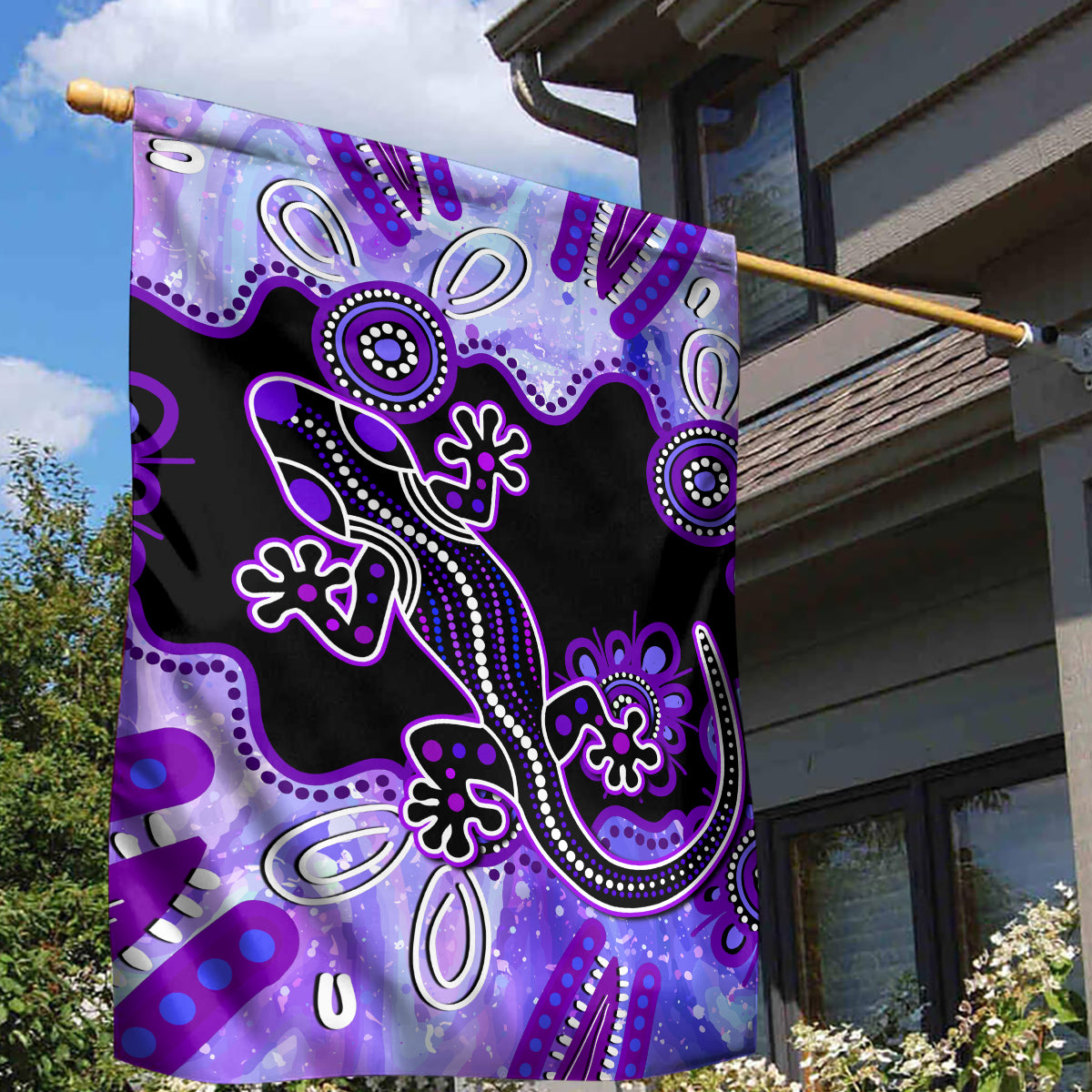 Australia Opal Garden Flag Aussie Lizard With Aboriginal Art - Purple - Vibe Hoodie Shop