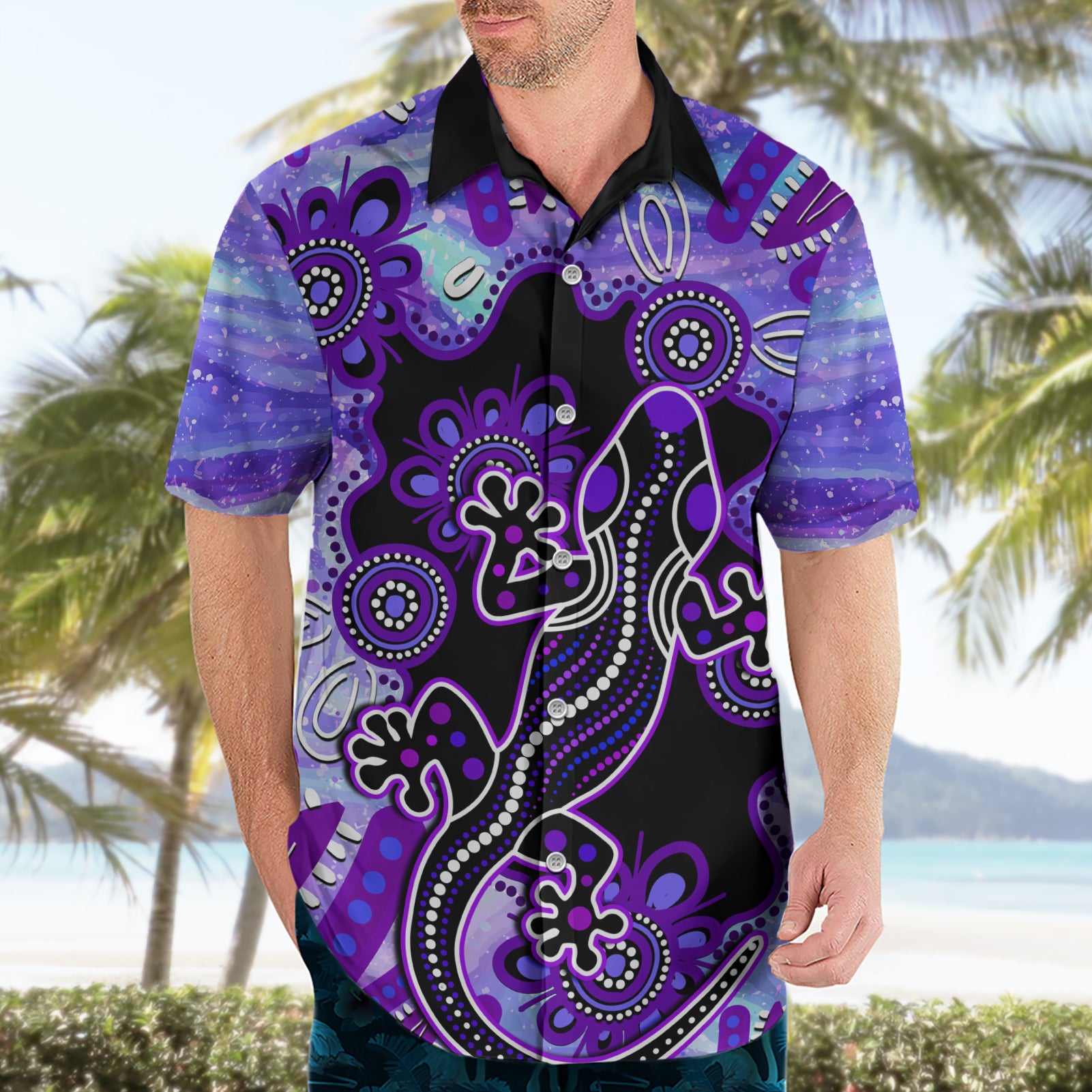 Australia Opal Hawaiian Shirt Aussie Lizard With Aboriginal Art - Purple - Vibe Hoodie Shop
